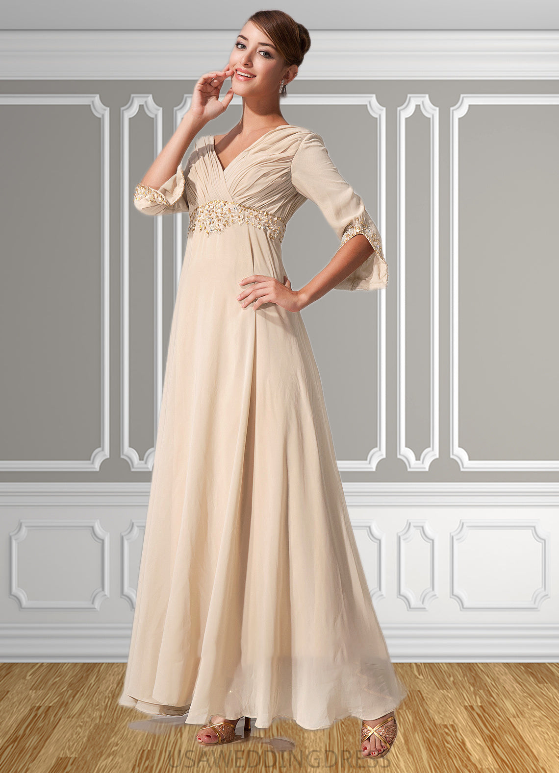 Lucy Empire V-neck Floor-Length Chiffon Mother of the Bride Dress With Ruffle Beading DS126P0014597