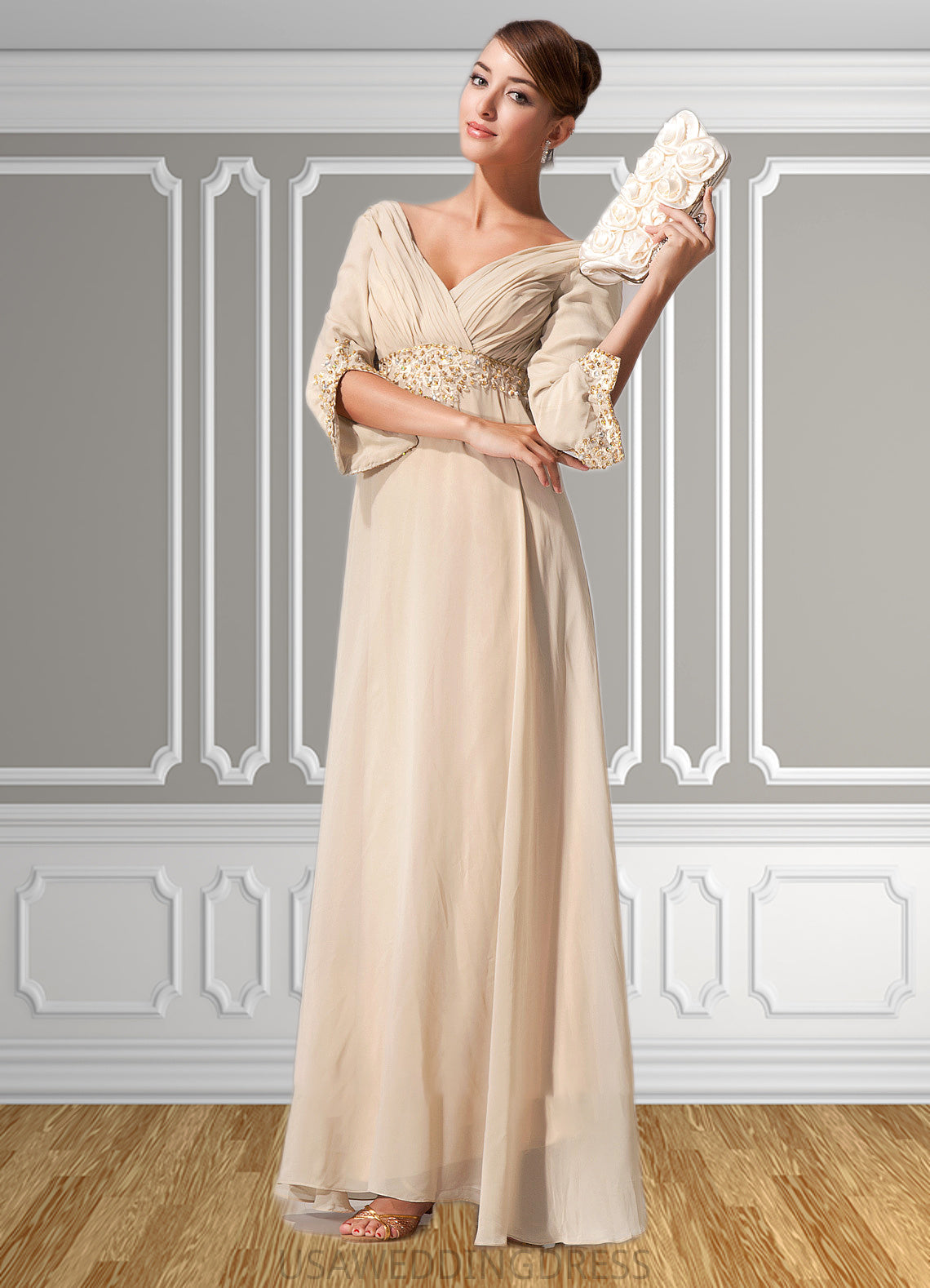 Lucy Empire V-neck Floor-Length Chiffon Mother of the Bride Dress With Ruffle Beading DS126P0014597