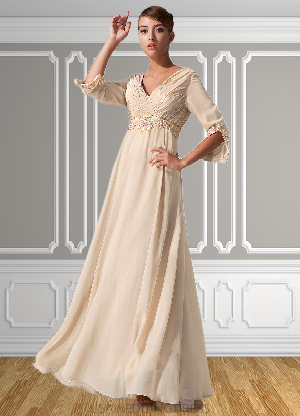 Lucy Empire V-neck Floor-Length Chiffon Mother of the Bride Dress With Ruffle Beading DS126P0014597