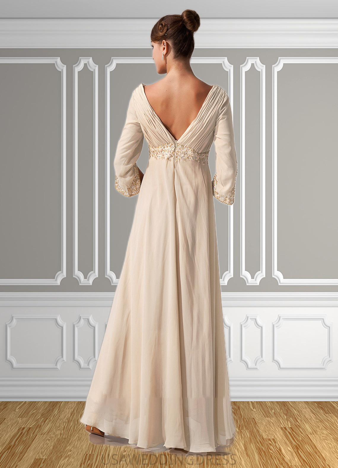 Lucy Empire V-neck Floor-Length Chiffon Mother of the Bride Dress With Ruffle Beading DS126P0014597