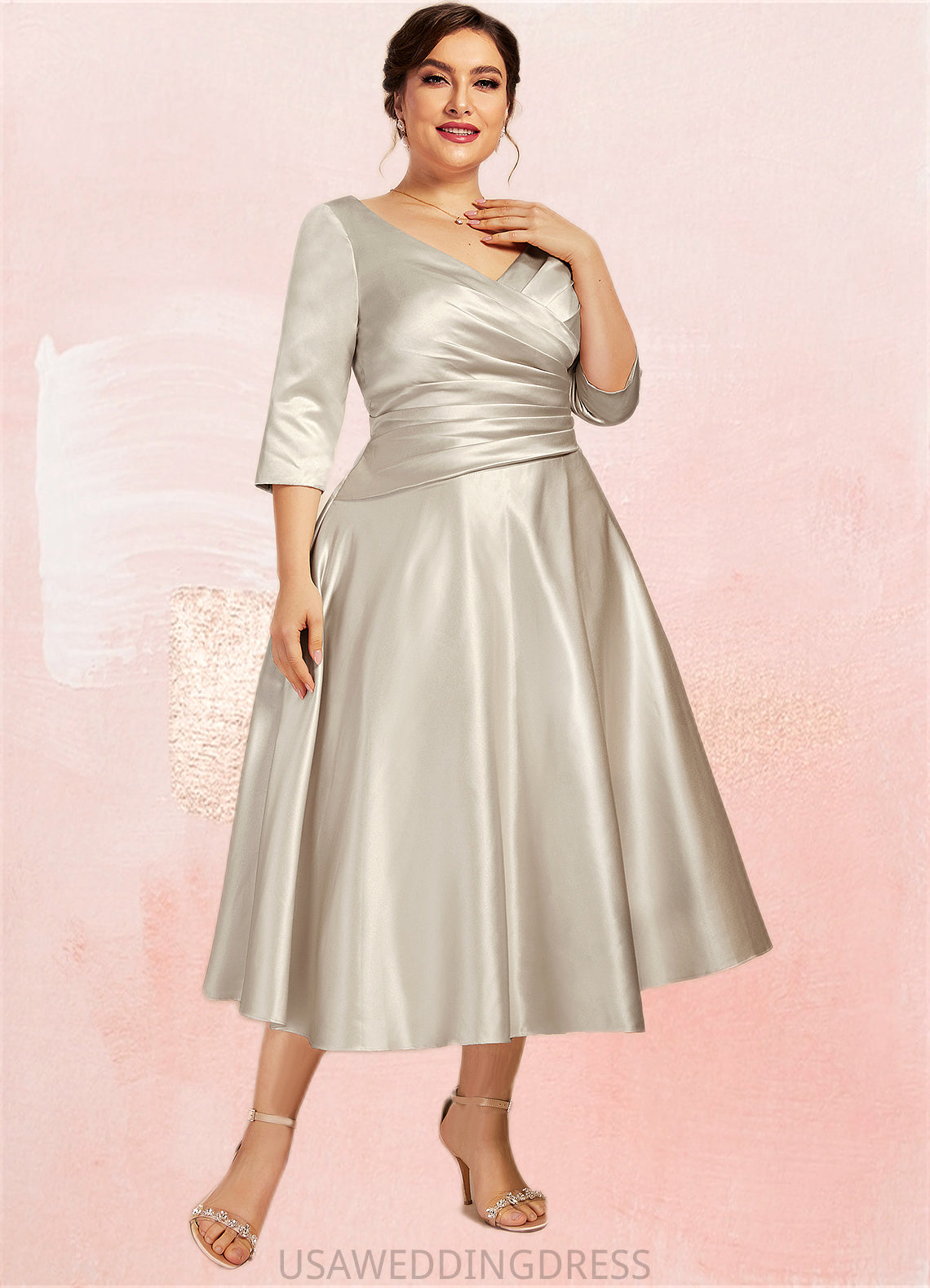 Bella A-Line V-neck Tea-Length Satin Mother of the Bride Dress With Ruffle DS126P0014598