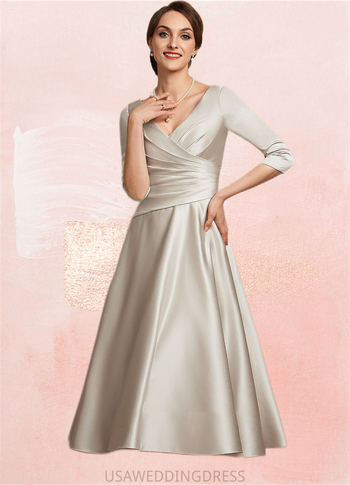 Bella A-Line V-neck Tea-Length Satin Mother of the Bride Dress With Ruffle DS126P0014598