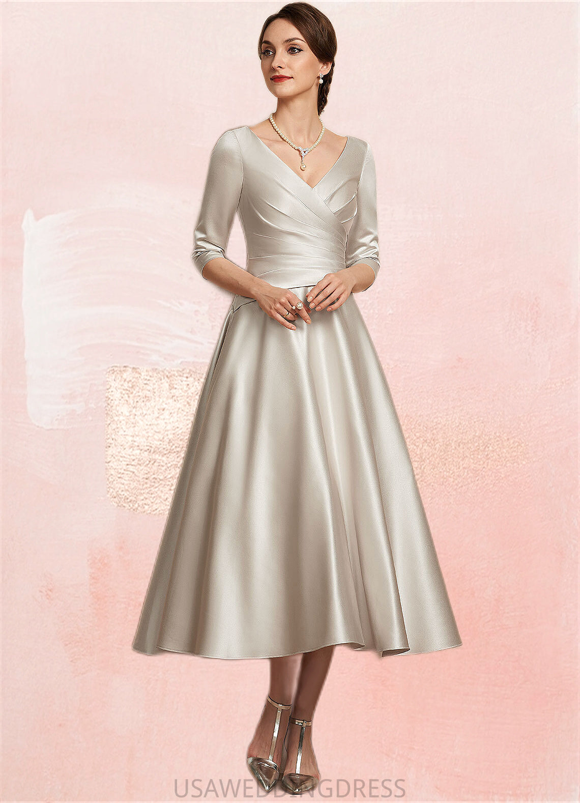 Bella A-Line V-neck Tea-Length Satin Mother of the Bride Dress With Ruffle DS126P0014598