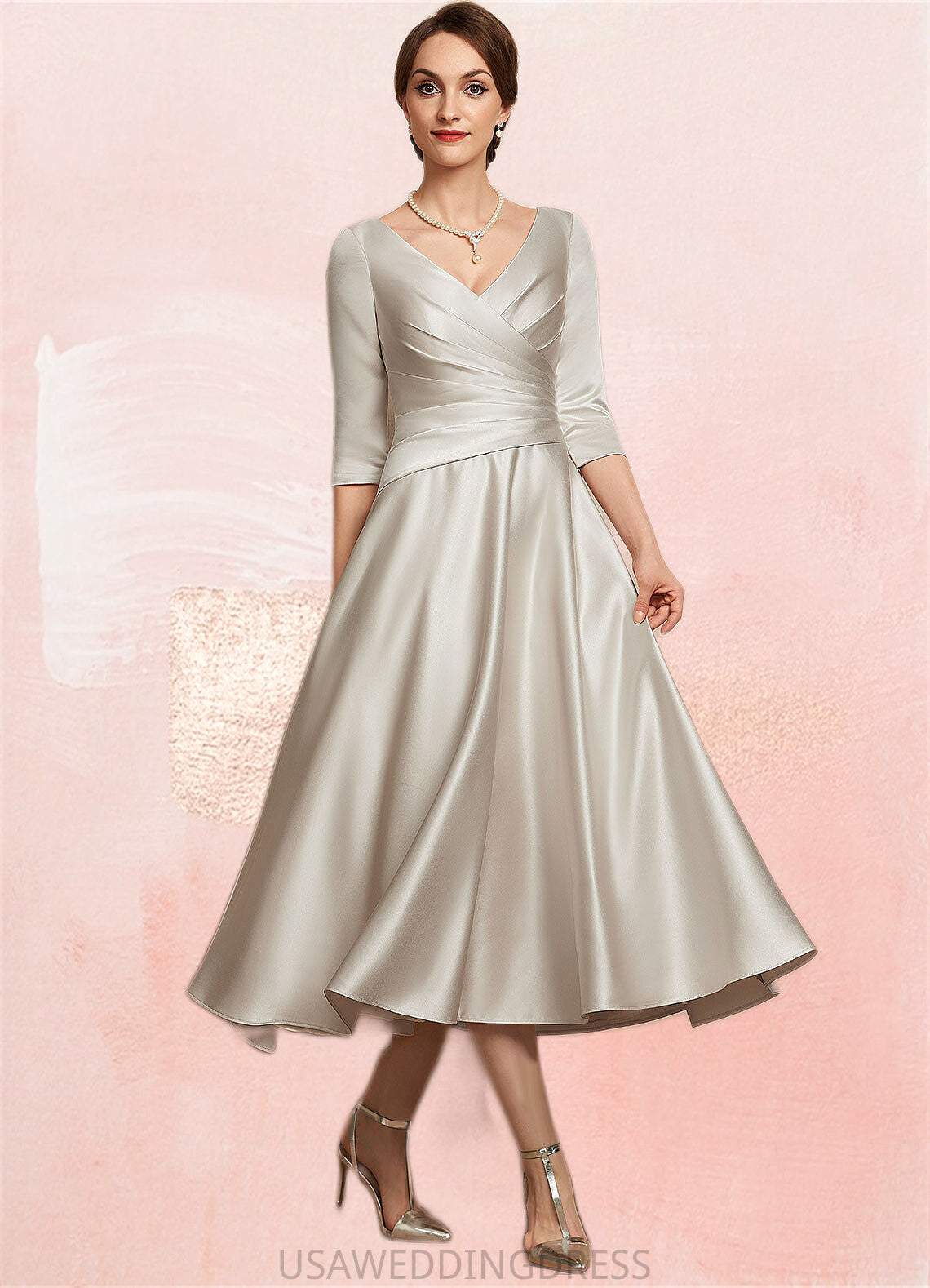 Bella A-Line V-neck Tea-Length Satin Mother of the Bride Dress With Ruffle DS126P0014598