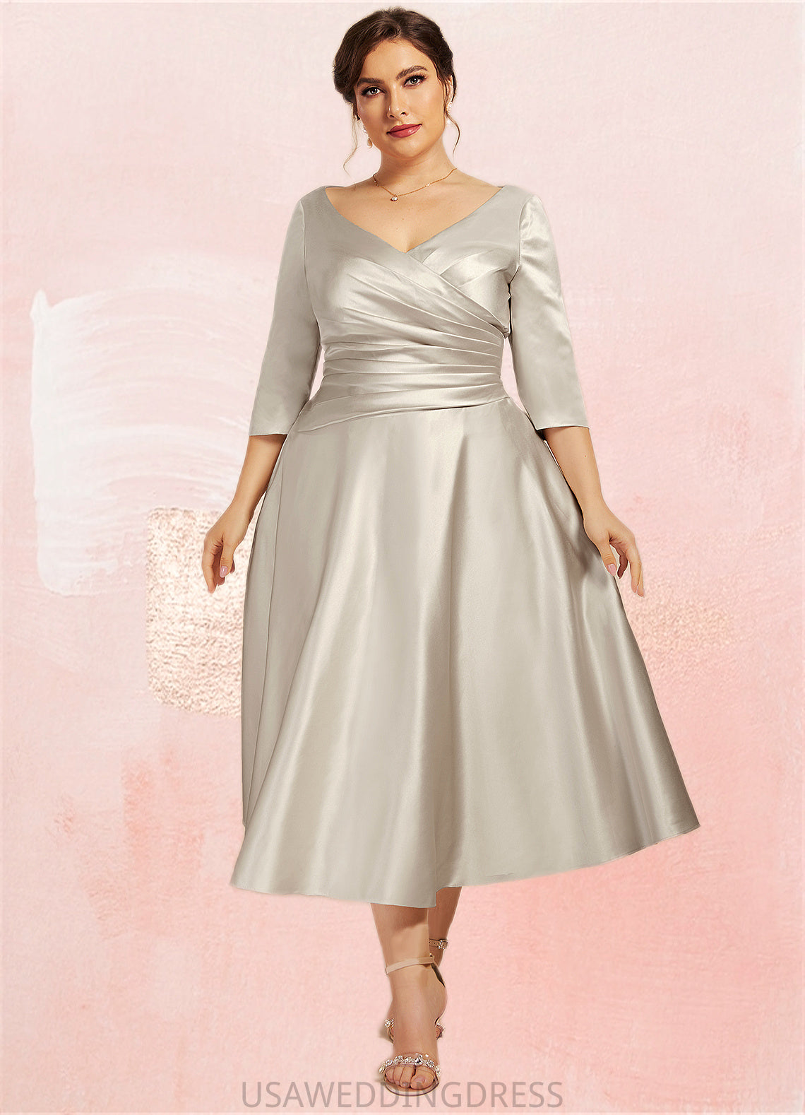 Bella A-Line V-neck Tea-Length Satin Mother of the Bride Dress With Ruffle DS126P0014598