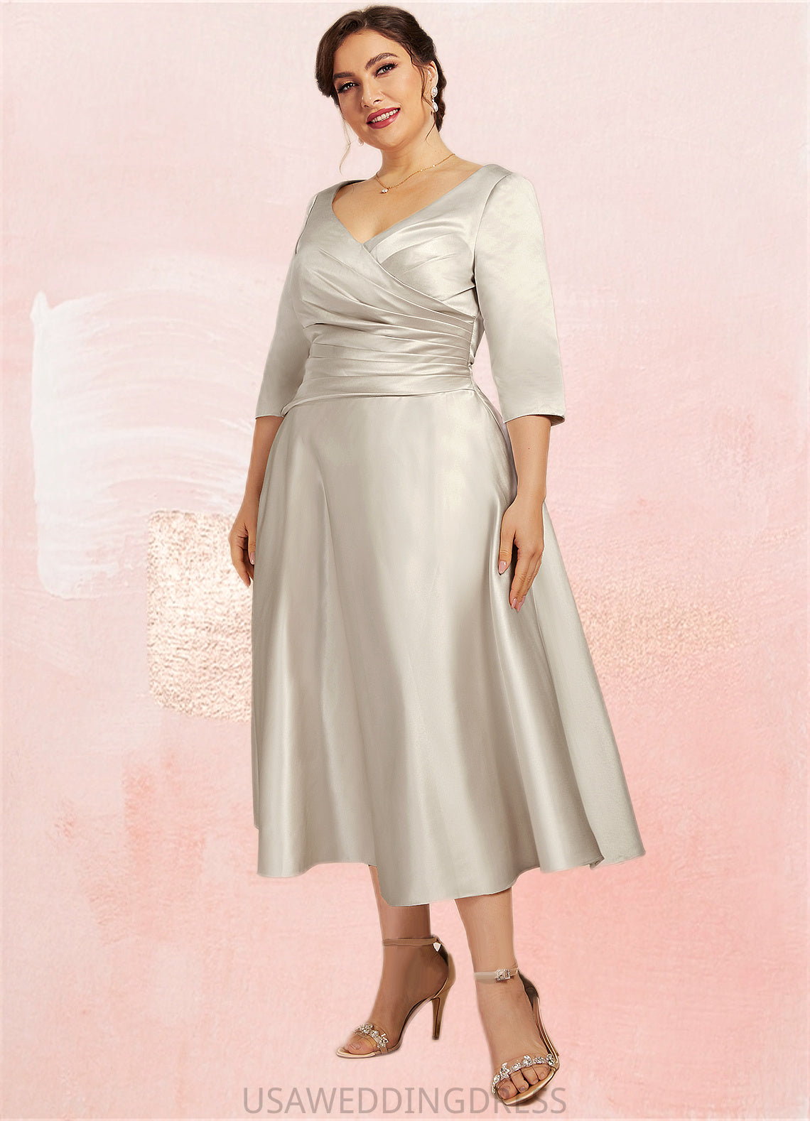 Bella A-Line V-neck Tea-Length Satin Mother of the Bride Dress With Ruffle DS126P0014598