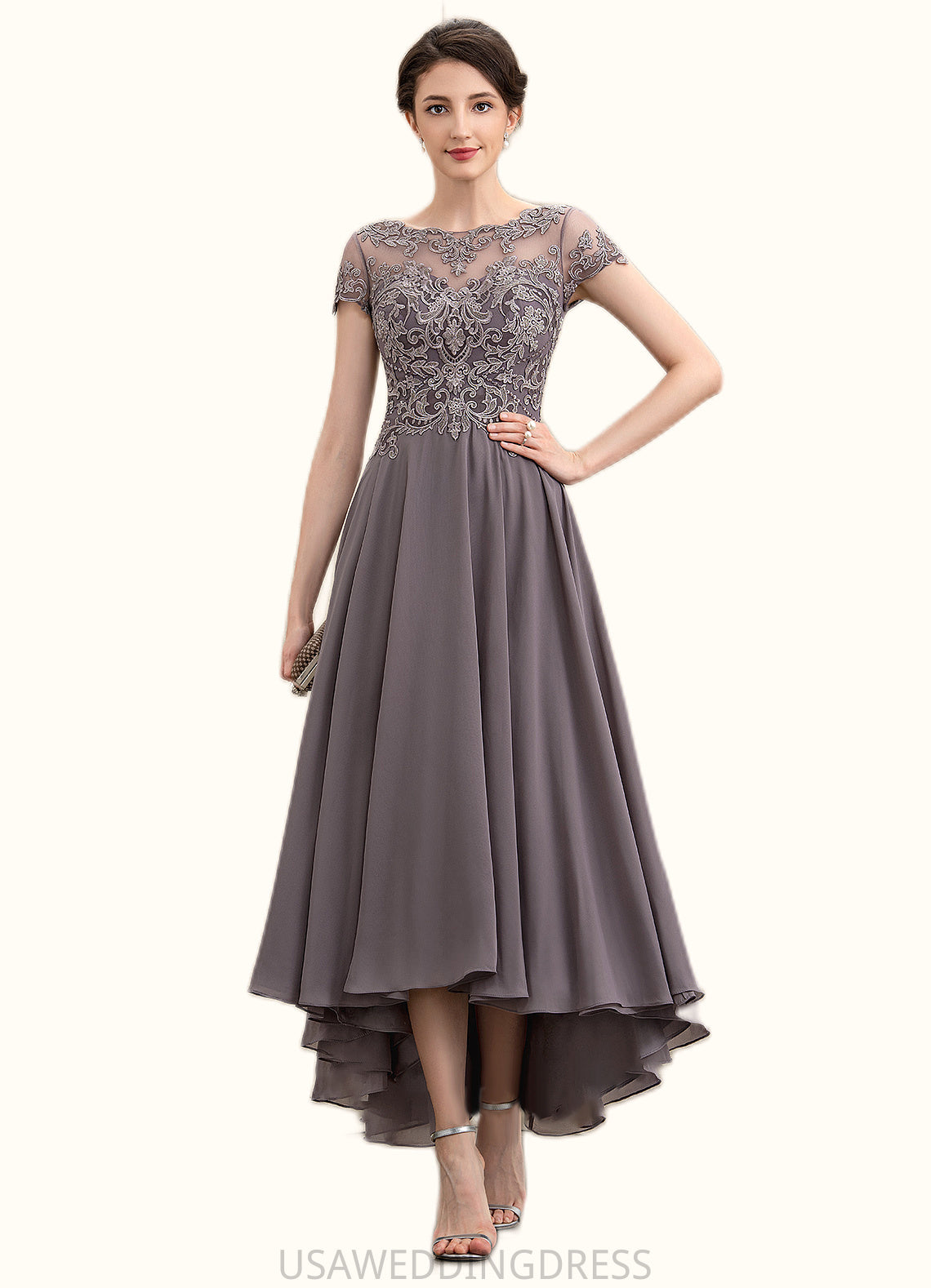 Ashlyn A-Line Scoop Neck Asymmetrical Chiffon Lace Mother of the Bride Dress With Beading Sequins DS126P0014599