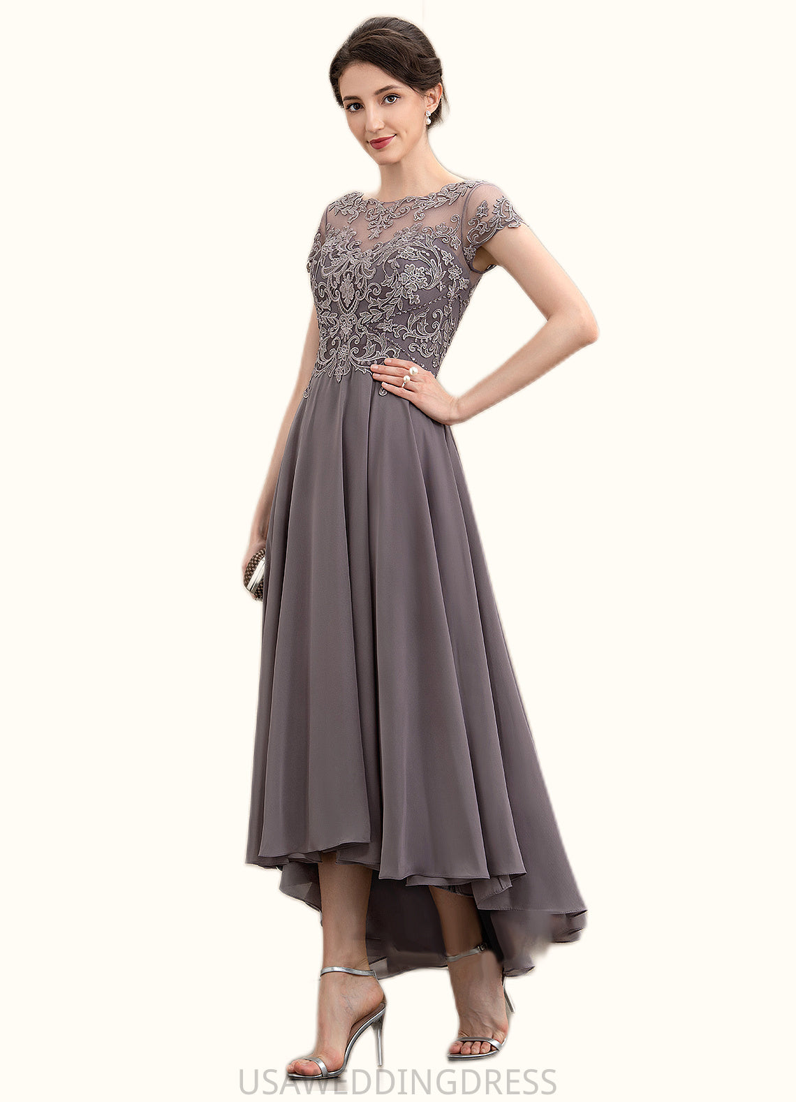 Ashlyn A-Line Scoop Neck Asymmetrical Chiffon Lace Mother of the Bride Dress With Beading Sequins DS126P0014599