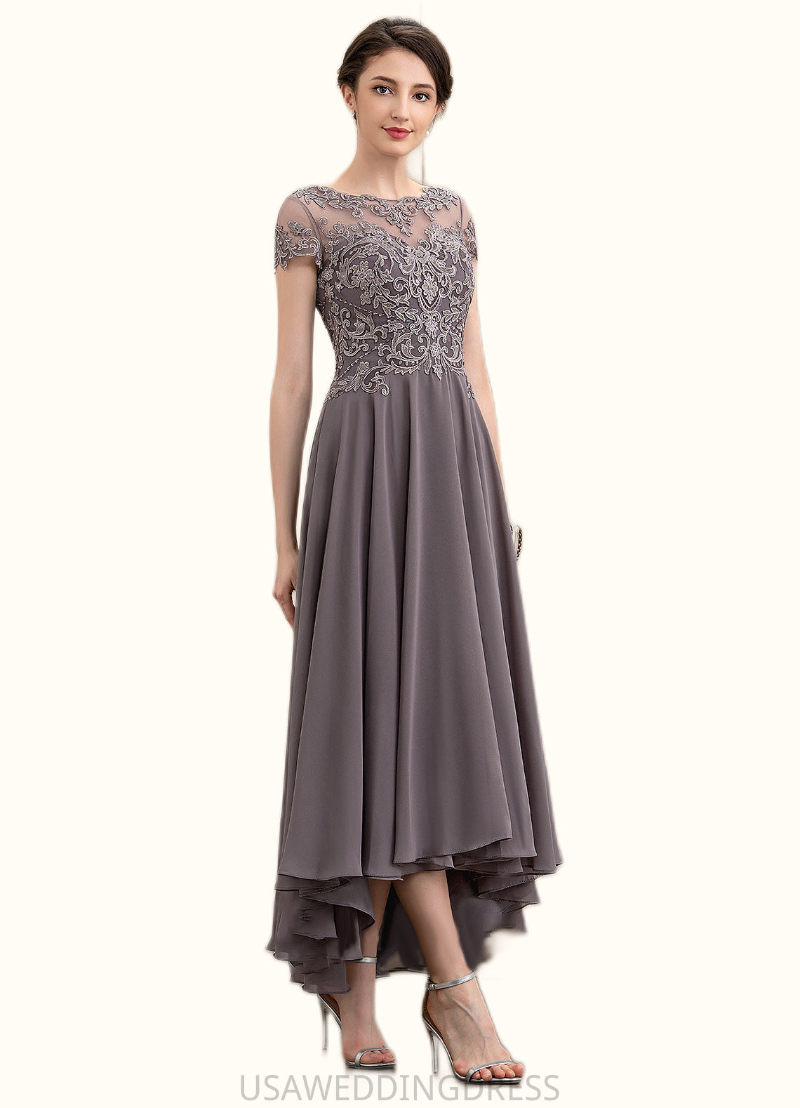 Ashlyn A-Line Scoop Neck Asymmetrical Chiffon Lace Mother of the Bride Dress With Beading Sequins DS126P0014599