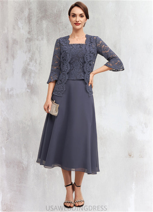 Lillian A-Line Square Neckline Tea-Length Chiffon Lace Mother of the Bride Dress With Beading DS126P0014601