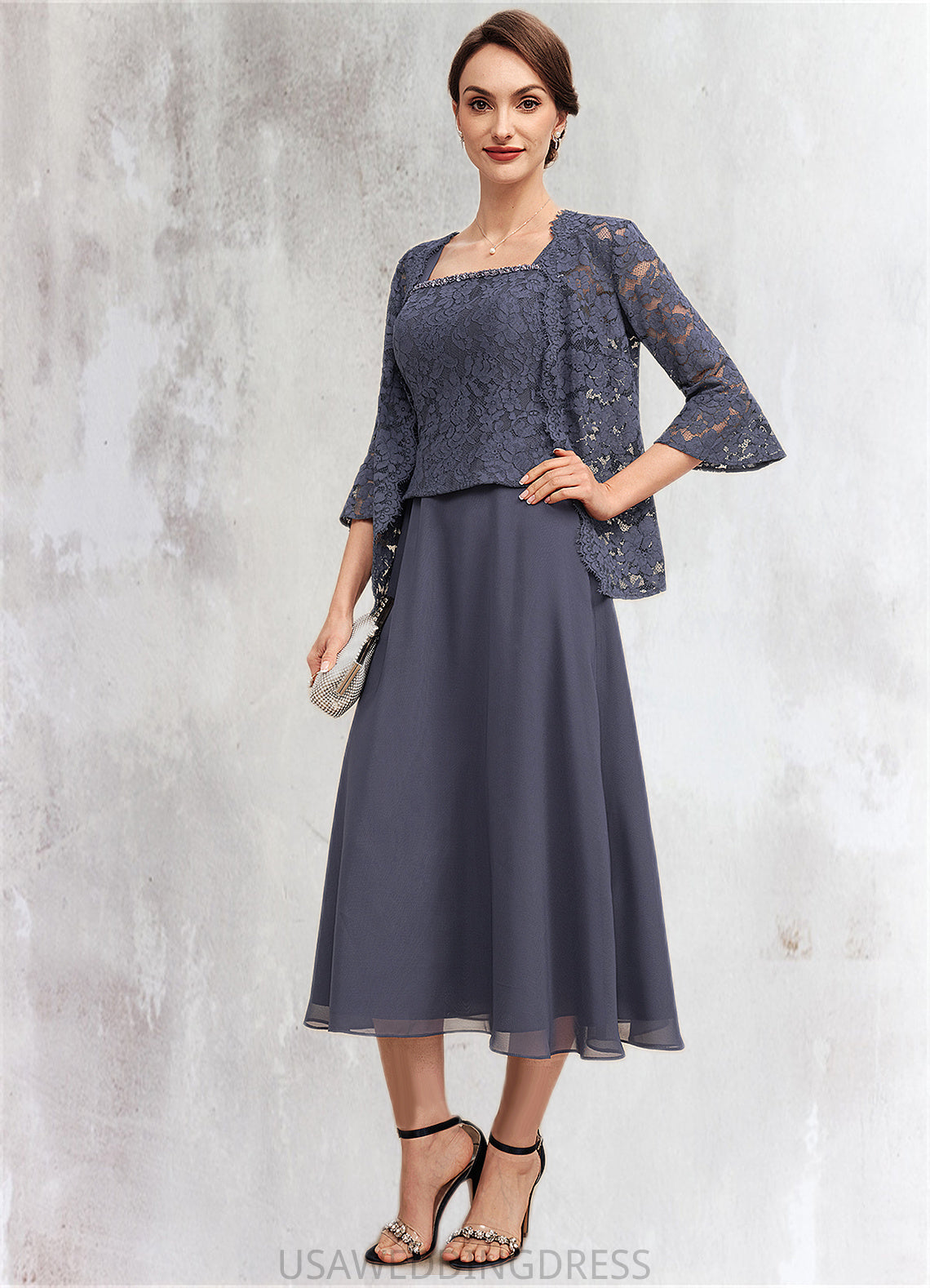 Lillian A-Line Square Neckline Tea-Length Chiffon Lace Mother of the Bride Dress With Beading DS126P0014601