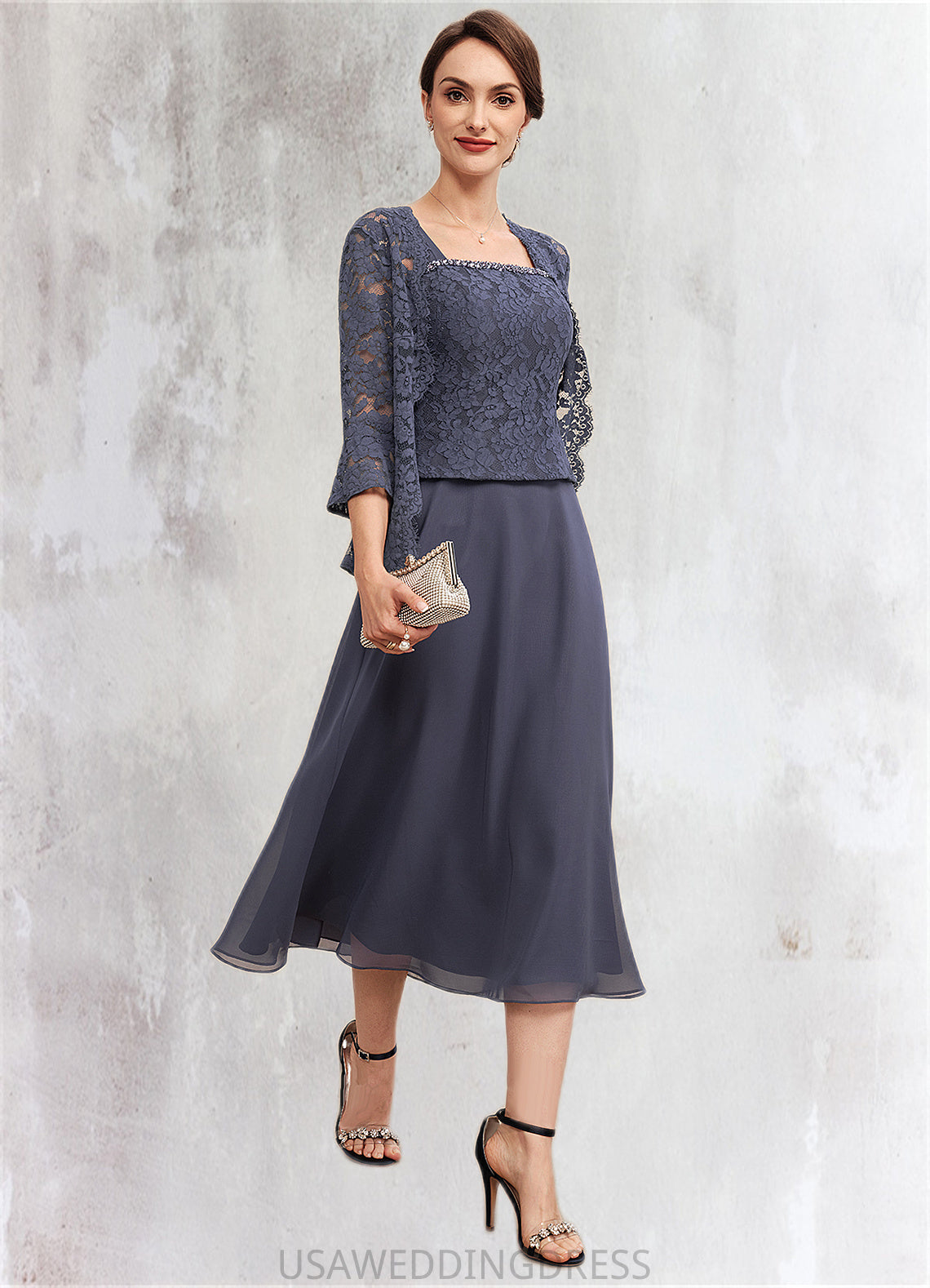 Lillian A-Line Square Neckline Tea-Length Chiffon Lace Mother of the Bride Dress With Beading DS126P0014601