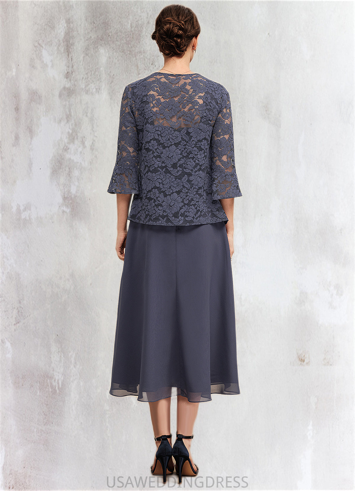 Lillian A-Line Square Neckline Tea-Length Chiffon Lace Mother of the Bride Dress With Beading DS126P0014601