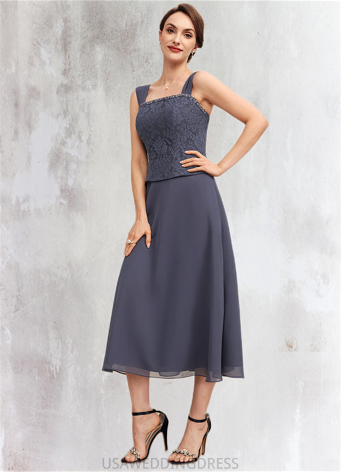 Lillian A-Line Square Neckline Tea-Length Chiffon Lace Mother of the Bride Dress With Beading DS126P0014601