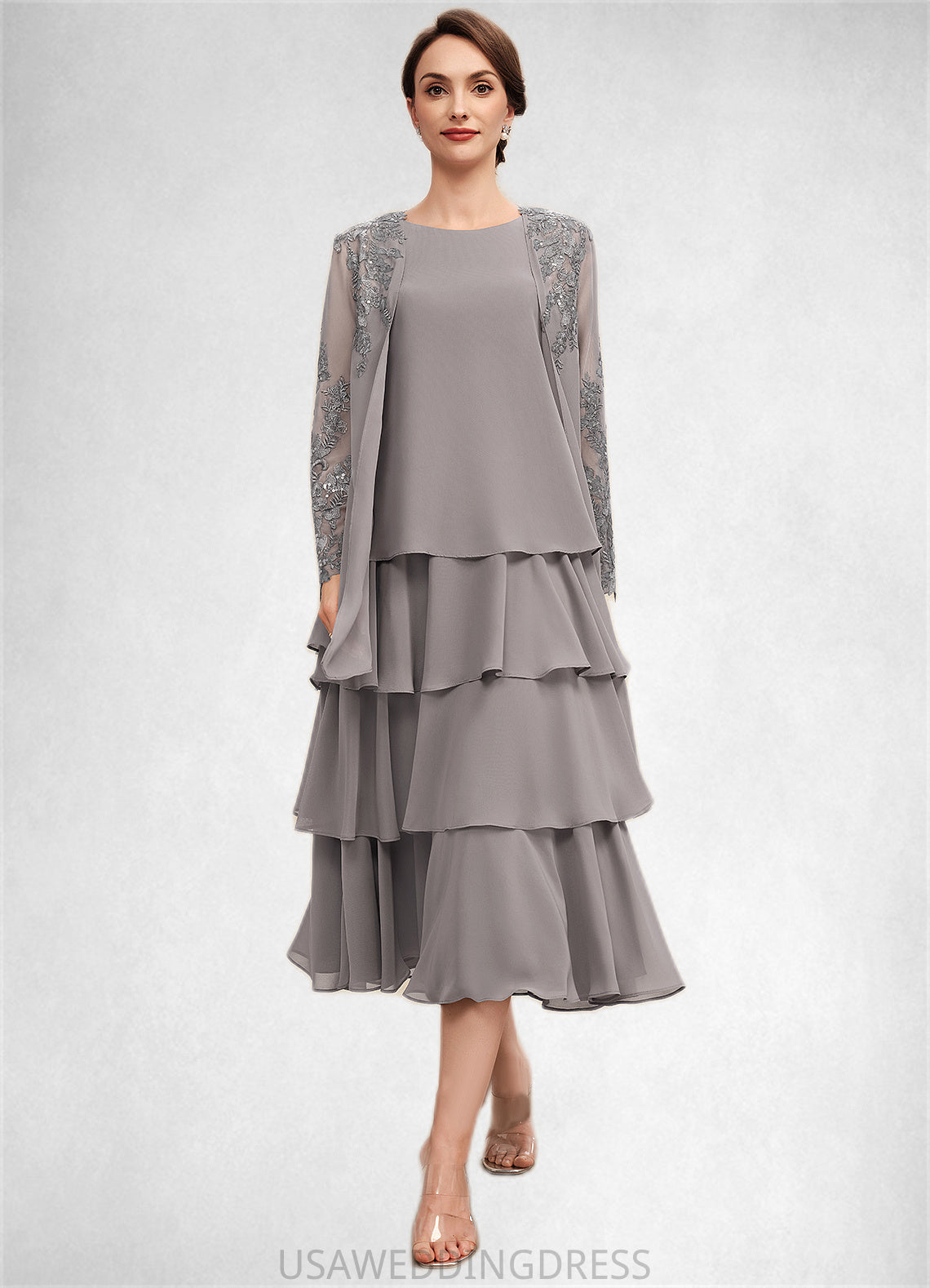 Gianna A-Line Scoop Neck Tea-Length Chiffon Mother of the Bride Dress With Cascading Ruffles DS126P0014603