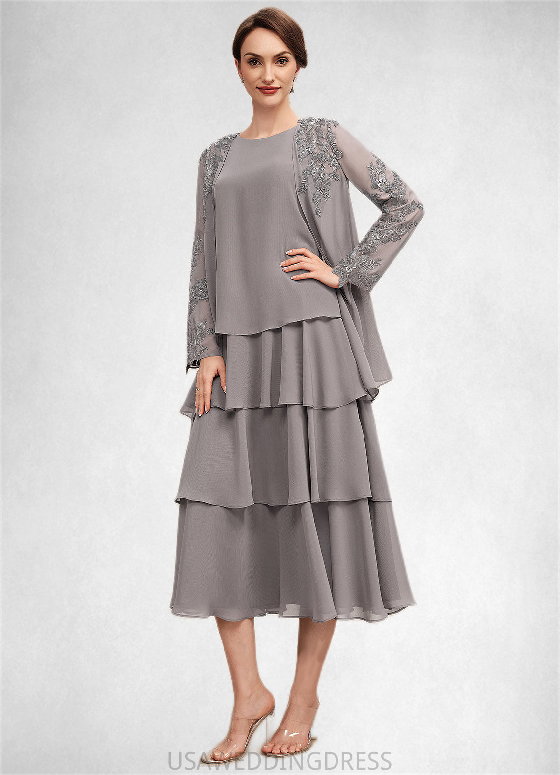 Gianna A-Line Scoop Neck Tea-Length Chiffon Mother of the Bride Dress With Cascading Ruffles DS126P0014603