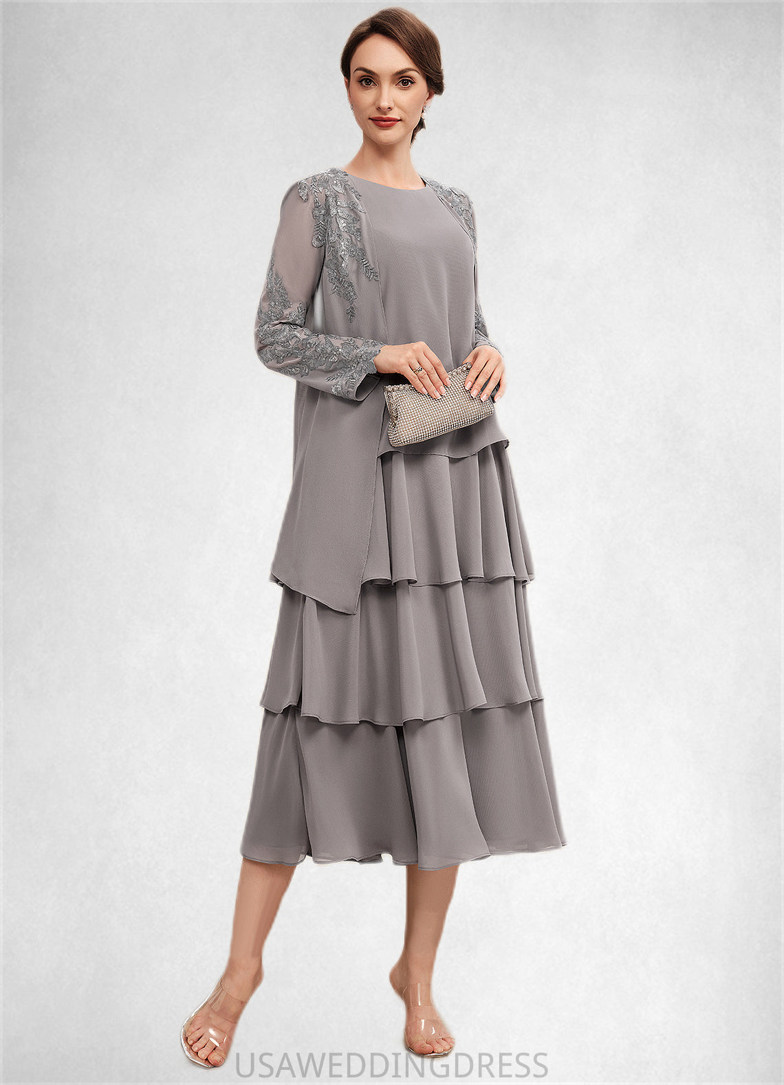 Gianna A-Line Scoop Neck Tea-Length Chiffon Mother of the Bride Dress With Cascading Ruffles DS126P0014603