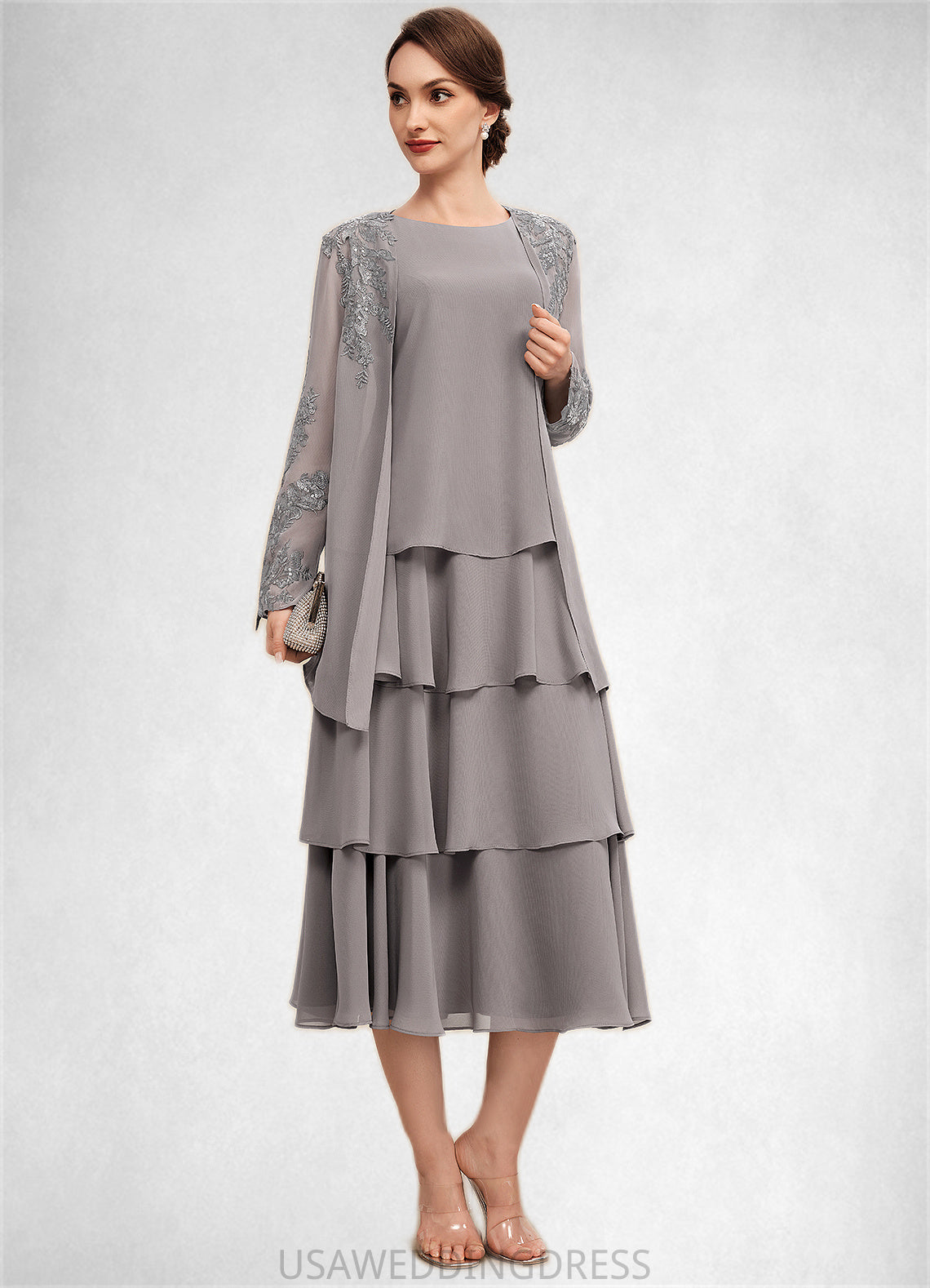 Gianna A-Line Scoop Neck Tea-Length Chiffon Mother of the Bride Dress With Cascading Ruffles DS126P0014603