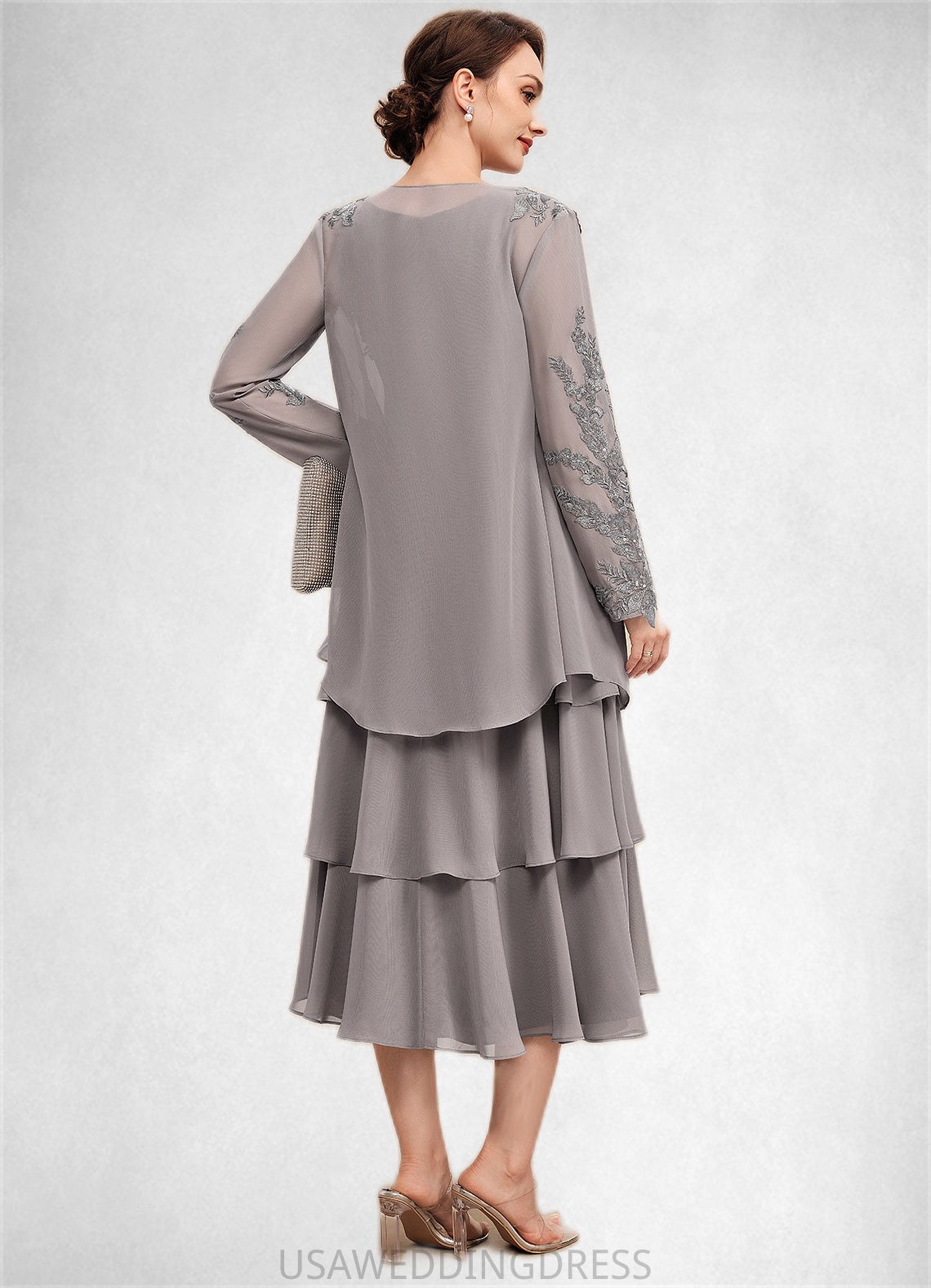 Gianna A-Line Scoop Neck Tea-Length Chiffon Mother of the Bride Dress With Cascading Ruffles DS126P0014603