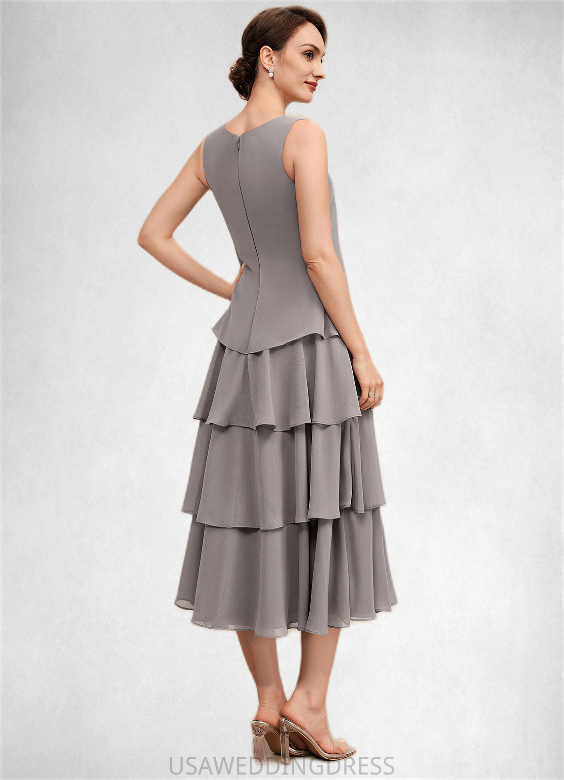 Gianna A-Line Scoop Neck Tea-Length Chiffon Mother of the Bride Dress With Cascading Ruffles DS126P0014603