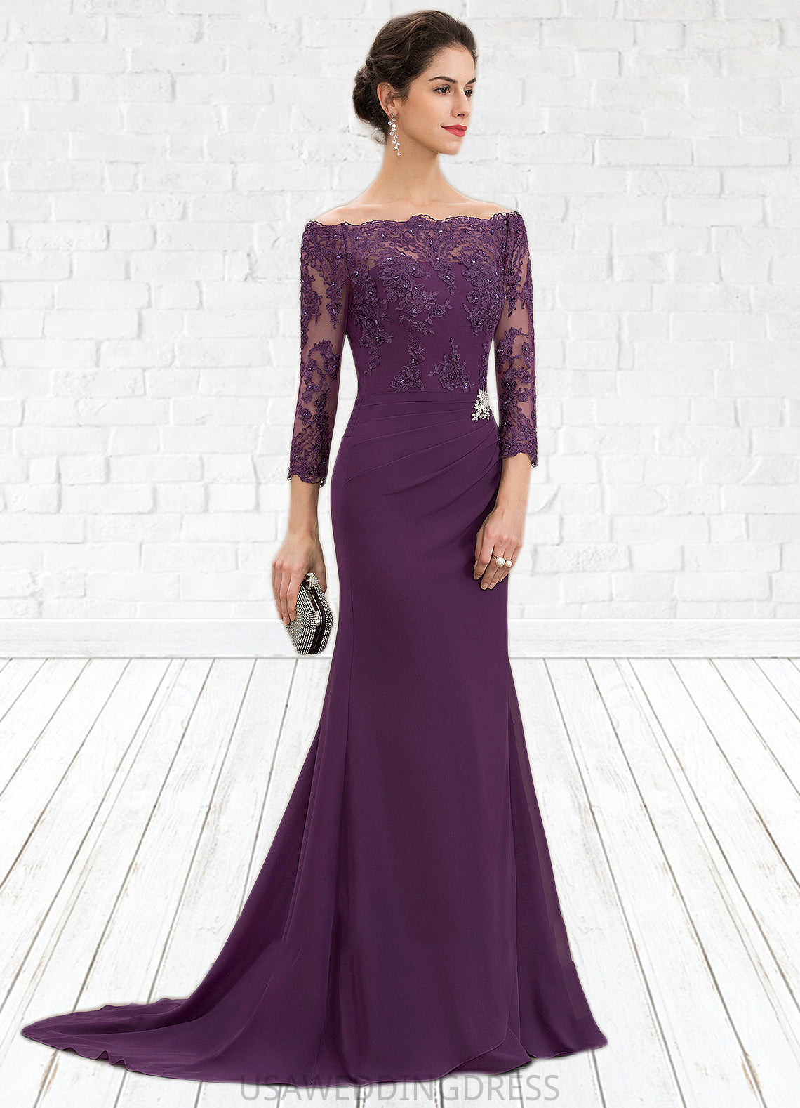 Michaela Trumpet/Mermaid Off-the-Shoulder Sweep Train Chiffon Lace Mother of the Bride Dress With Beading Sequins DS126P0014604