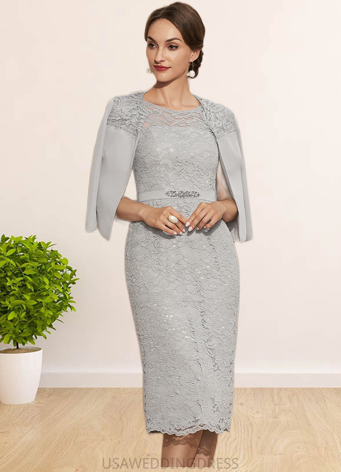 Amy Sheath/Column Scoop Neck Knee-Length Chiffon Lace Mother of the Bride Dress With Beading DS126P0014605