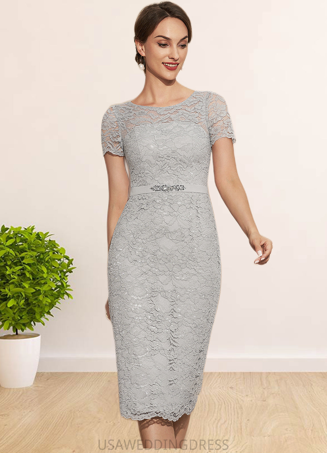 Amy Sheath/Column Scoop Neck Knee-Length Chiffon Lace Mother of the Bride Dress With Beading DS126P0014605