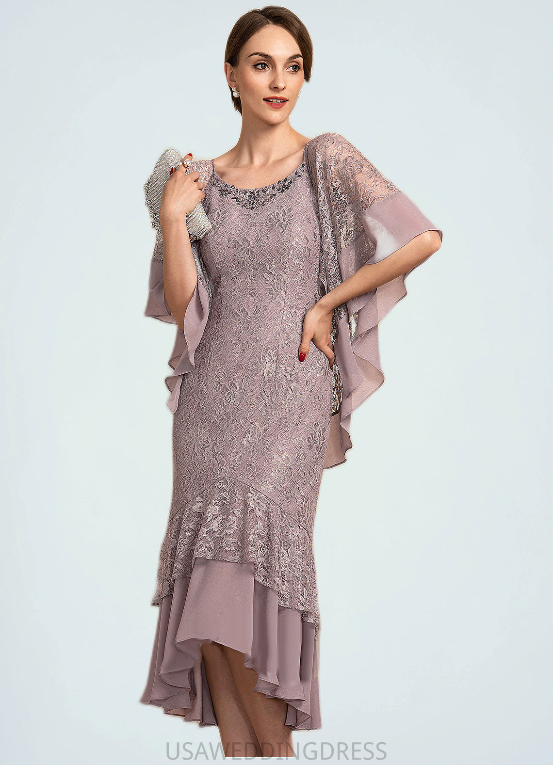 Emilia Trumpet/Mermaid Scoop Neck Asymmetrical Chiffon Lace Mother of the Bride Dress With Beading Sequins DS126P0014606