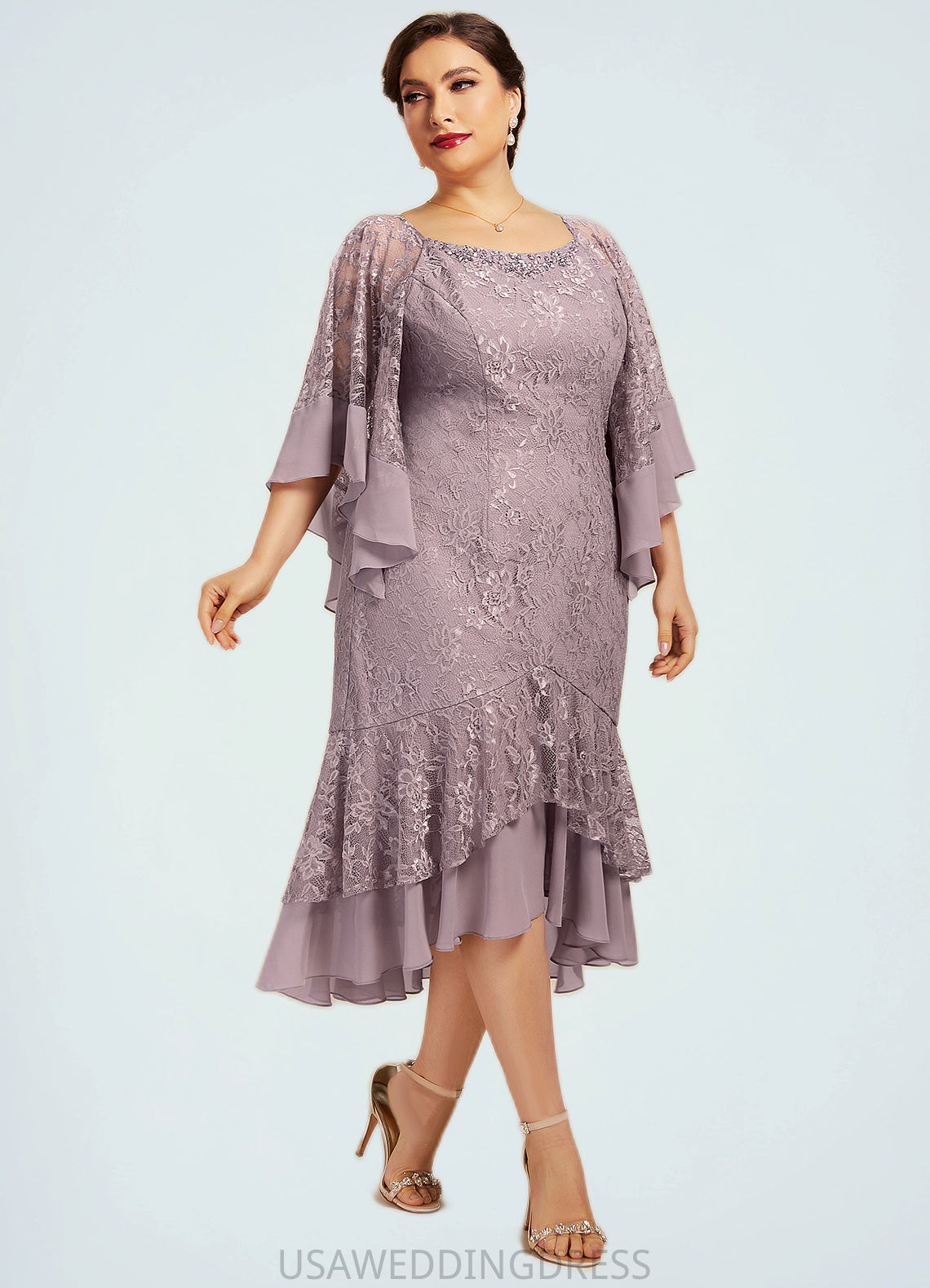 Emilia Trumpet/Mermaid Scoop Neck Asymmetrical Chiffon Lace Mother of the Bride Dress With Beading Sequins DS126P0014606