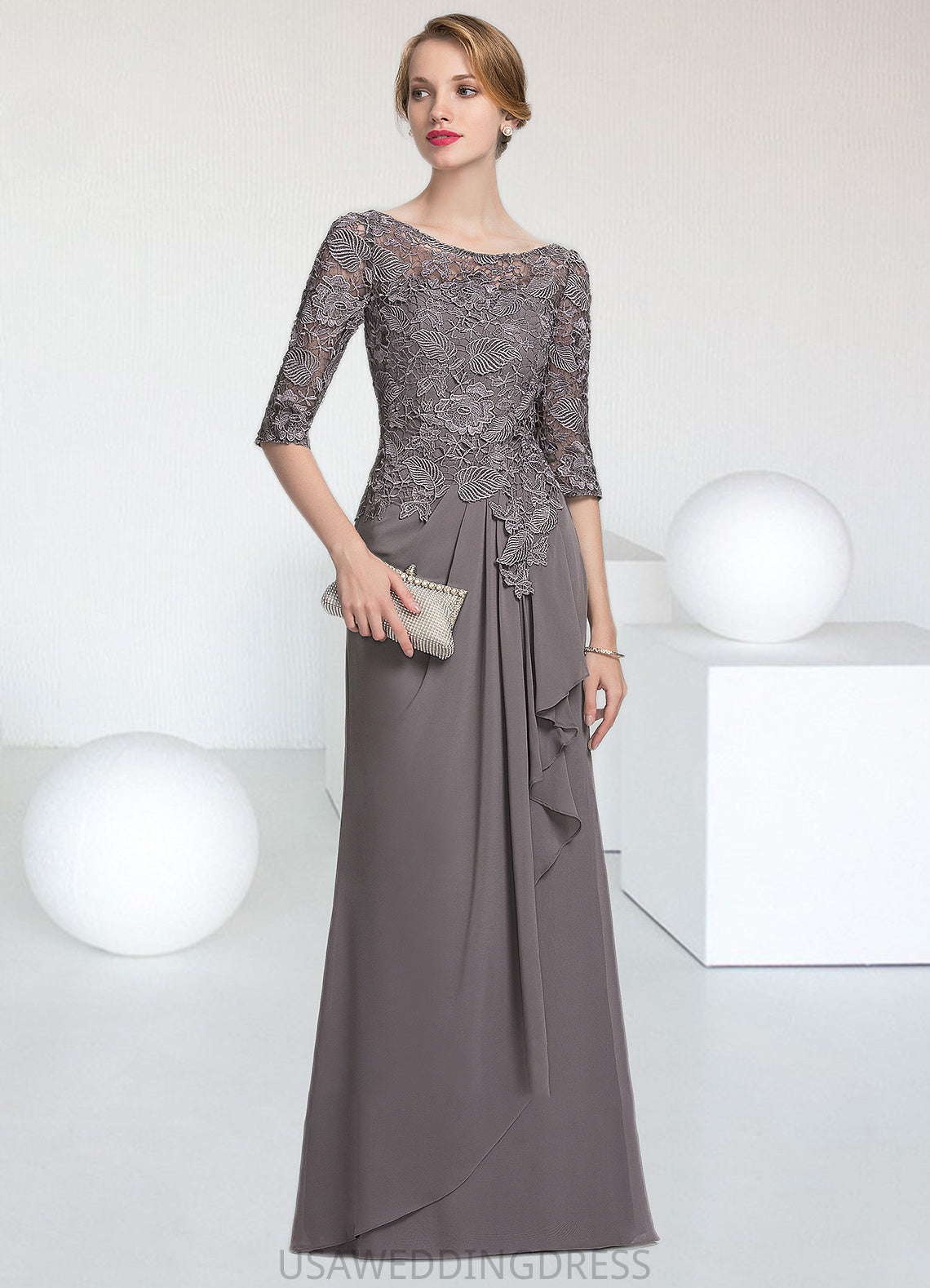 Sydney A-Line Scoop Neck Floor-Length Chiffon Lace Mother of the Bride Dress With Cascading Ruffles DS126P0014608