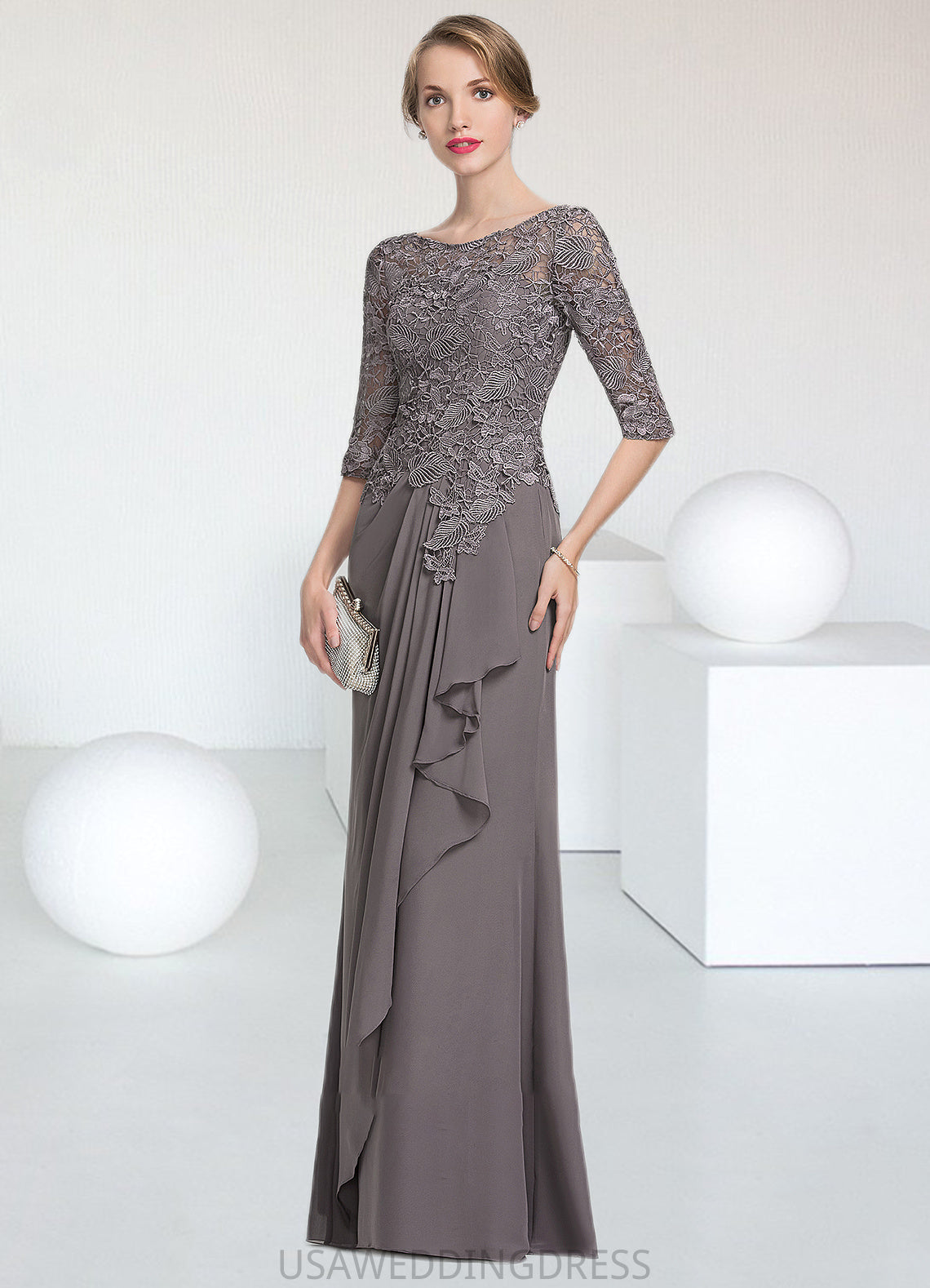 Sydney A-Line Scoop Neck Floor-Length Chiffon Lace Mother of the Bride Dress With Cascading Ruffles DS126P0014608