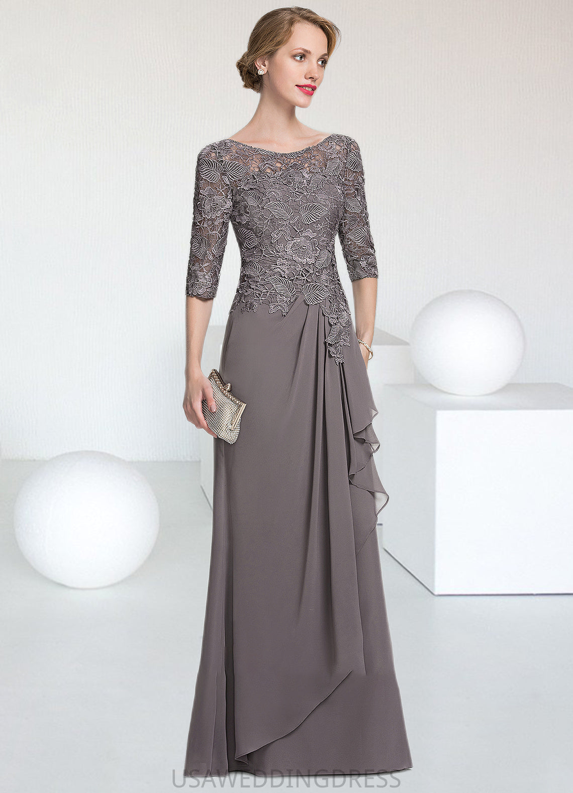 Sydney A-Line Scoop Neck Floor-Length Chiffon Lace Mother of the Bride Dress With Cascading Ruffles DS126P0014608