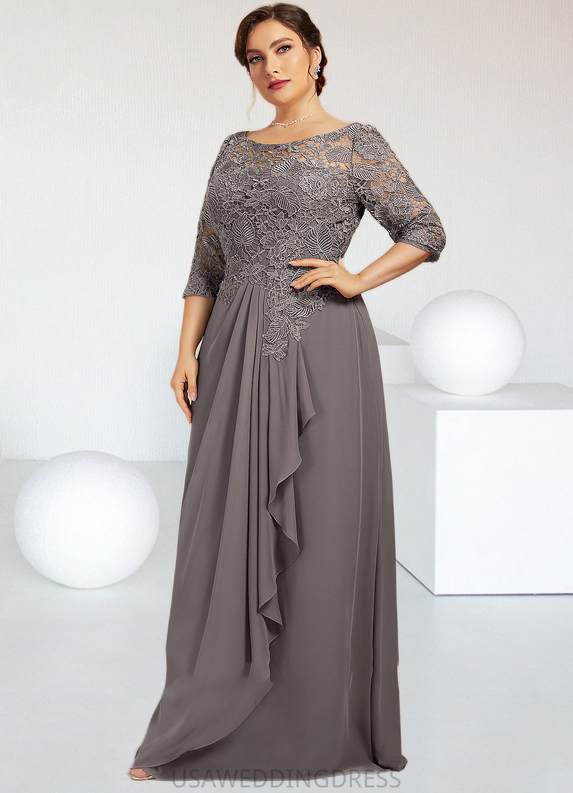 Sydney A-Line Scoop Neck Floor-Length Chiffon Lace Mother of the Bride Dress With Cascading Ruffles DS126P0014608