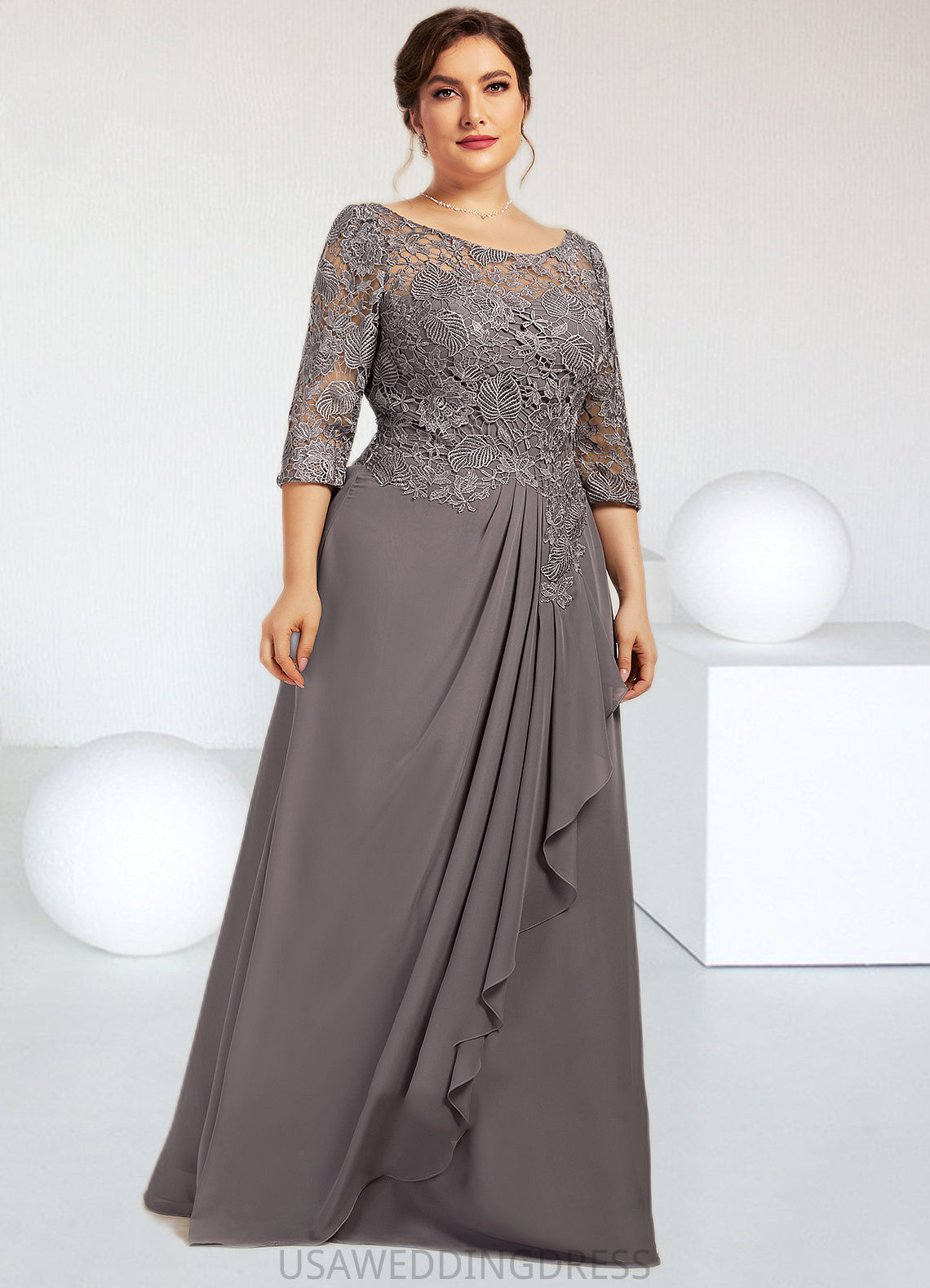 Sydney A-Line Scoop Neck Floor-Length Chiffon Lace Mother of the Bride Dress With Cascading Ruffles DS126P0014608