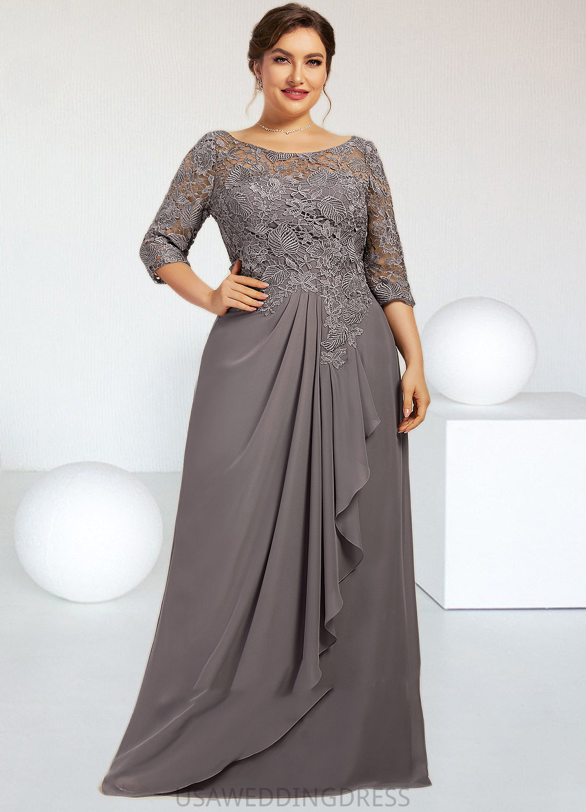 Sydney A-Line Scoop Neck Floor-Length Chiffon Lace Mother of the Bride Dress With Cascading Ruffles DS126P0014608