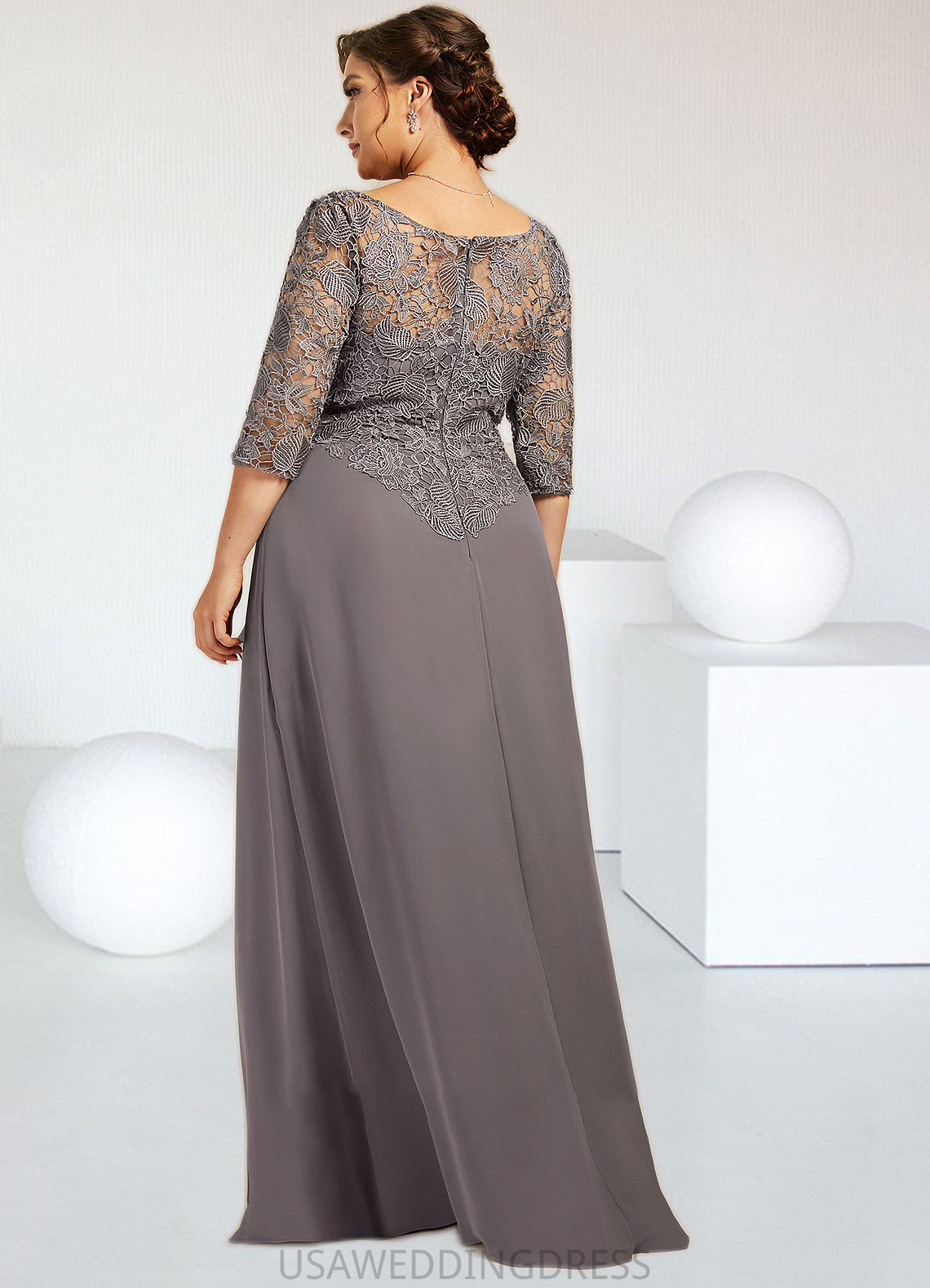 Sydney A-Line Scoop Neck Floor-Length Chiffon Lace Mother of the Bride Dress With Cascading Ruffles DS126P0014608