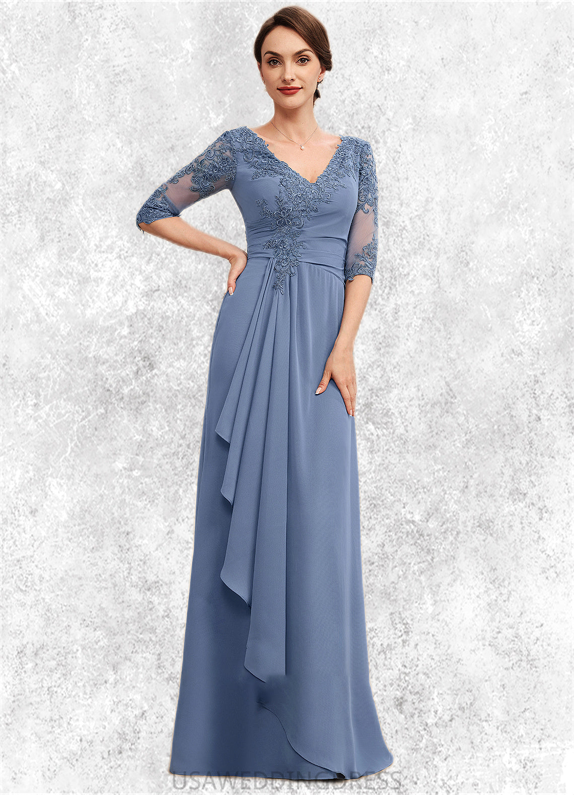 Karissa A-Line V-neck Floor-Length Chiffon Lace Mother of the Bride Dress With Cascading Ruffles DS126P0014609