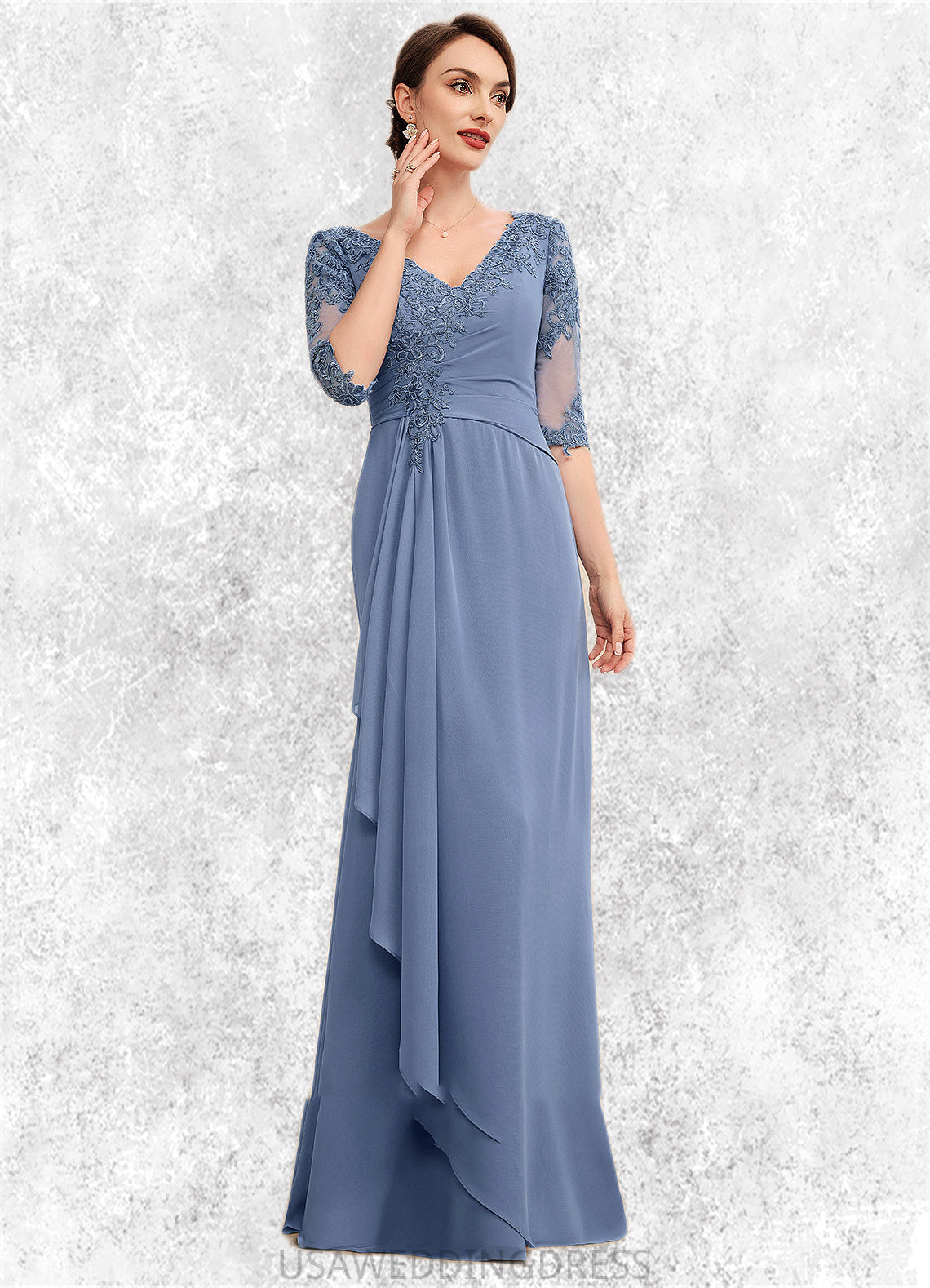 Karissa A-Line V-neck Floor-Length Chiffon Lace Mother of the Bride Dress With Cascading Ruffles DS126P0014609