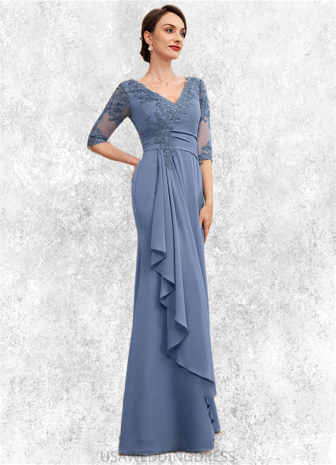 Karissa A-Line V-neck Floor-Length Chiffon Lace Mother of the Bride Dress With Cascading Ruffles DS126P0014609