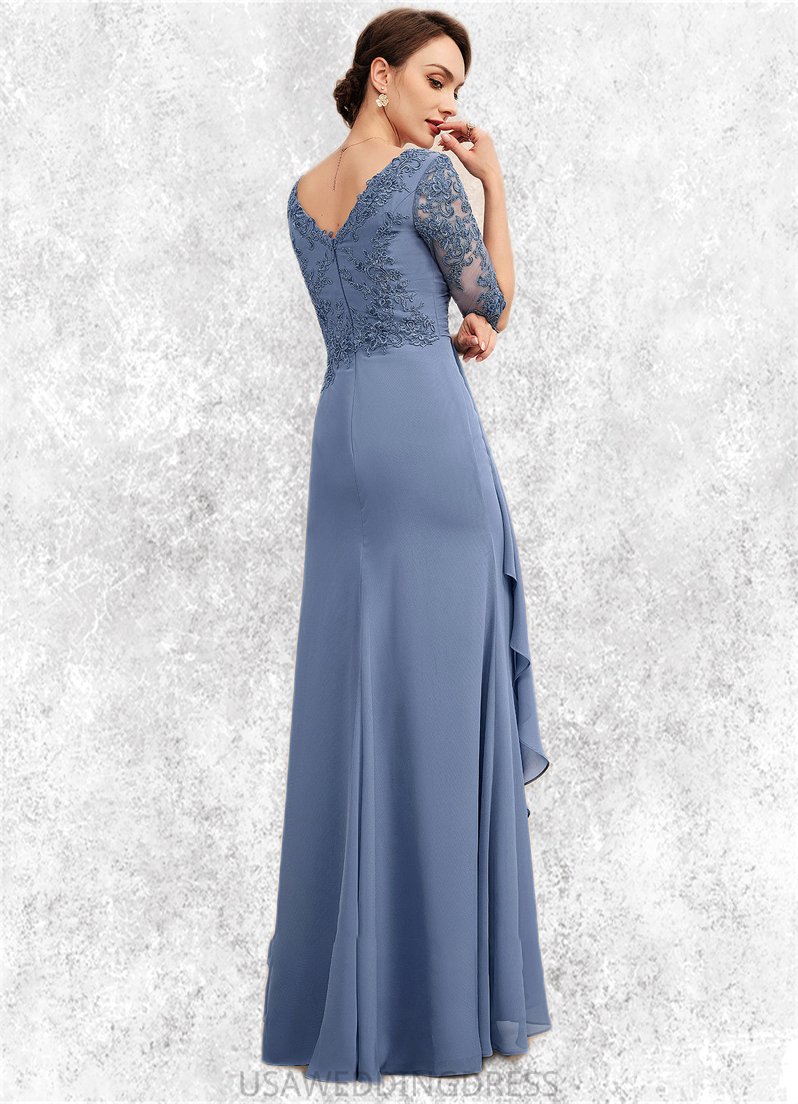 Karissa A-Line V-neck Floor-Length Chiffon Lace Mother of the Bride Dress With Cascading Ruffles DS126P0014609