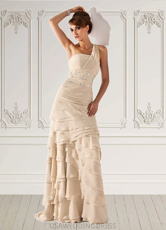 Gemma A-Line One-Shoulder Sweep Train Chiffon Mother of the Bride Dress With Beading Cascading Ruffles DS126P0014610