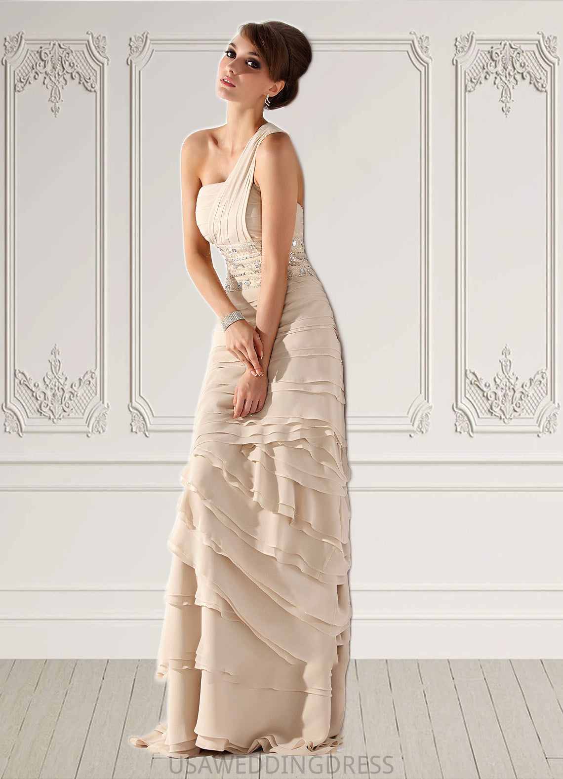 Gemma A-Line One-Shoulder Sweep Train Chiffon Mother of the Bride Dress With Beading Cascading Ruffles DS126P0014610