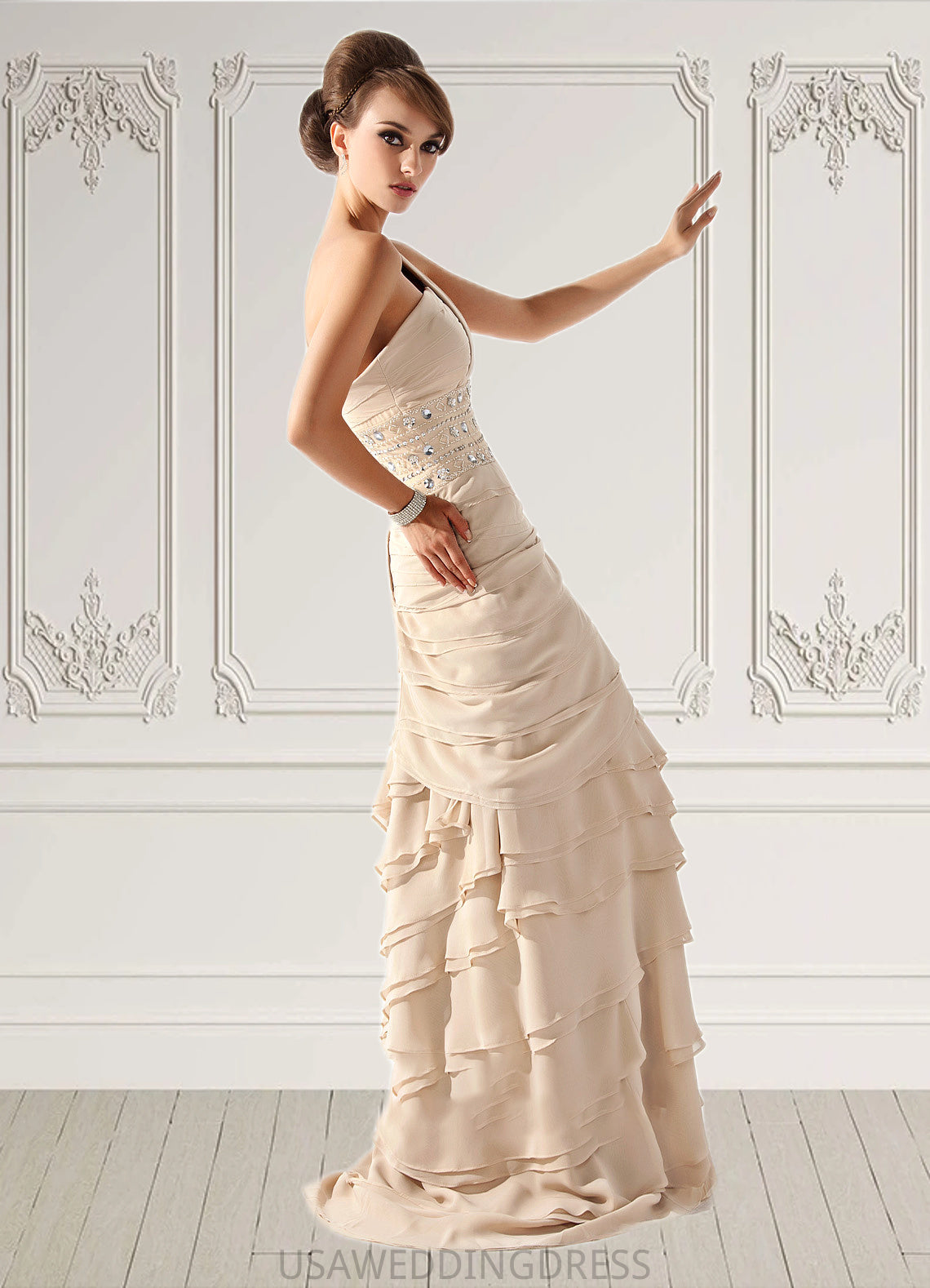 Gemma A-Line One-Shoulder Sweep Train Chiffon Mother of the Bride Dress With Beading Cascading Ruffles DS126P0014610