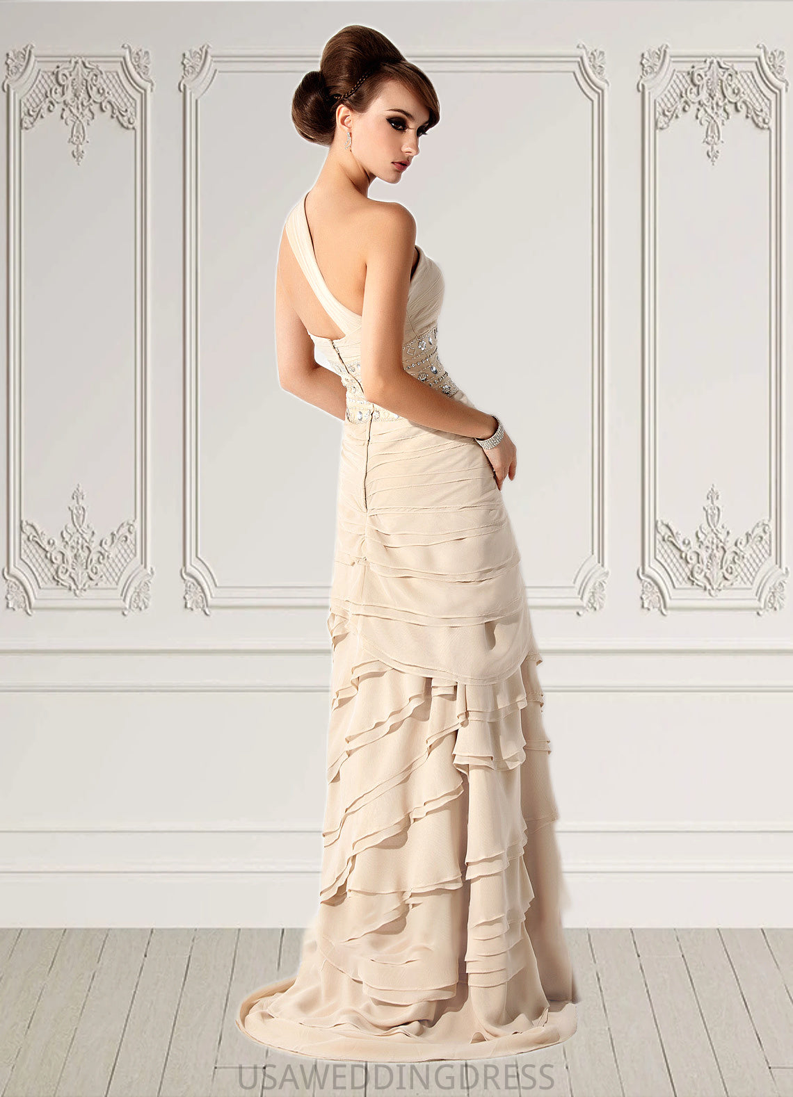 Gemma A-Line One-Shoulder Sweep Train Chiffon Mother of the Bride Dress With Beading Cascading Ruffles DS126P0014610