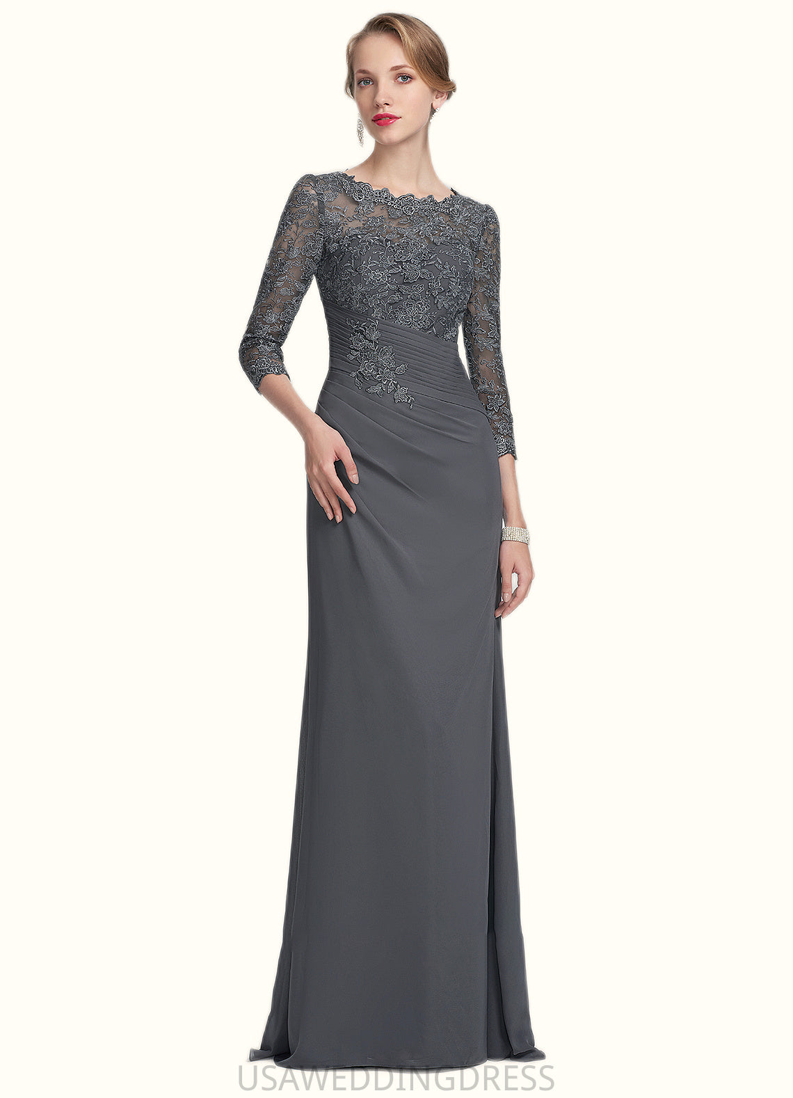 Nevaeh Sheath/Column Scoop Neck Floor-Length Chiffon Lace Mother of the Bride Dress With Ruffle DS126P0014611