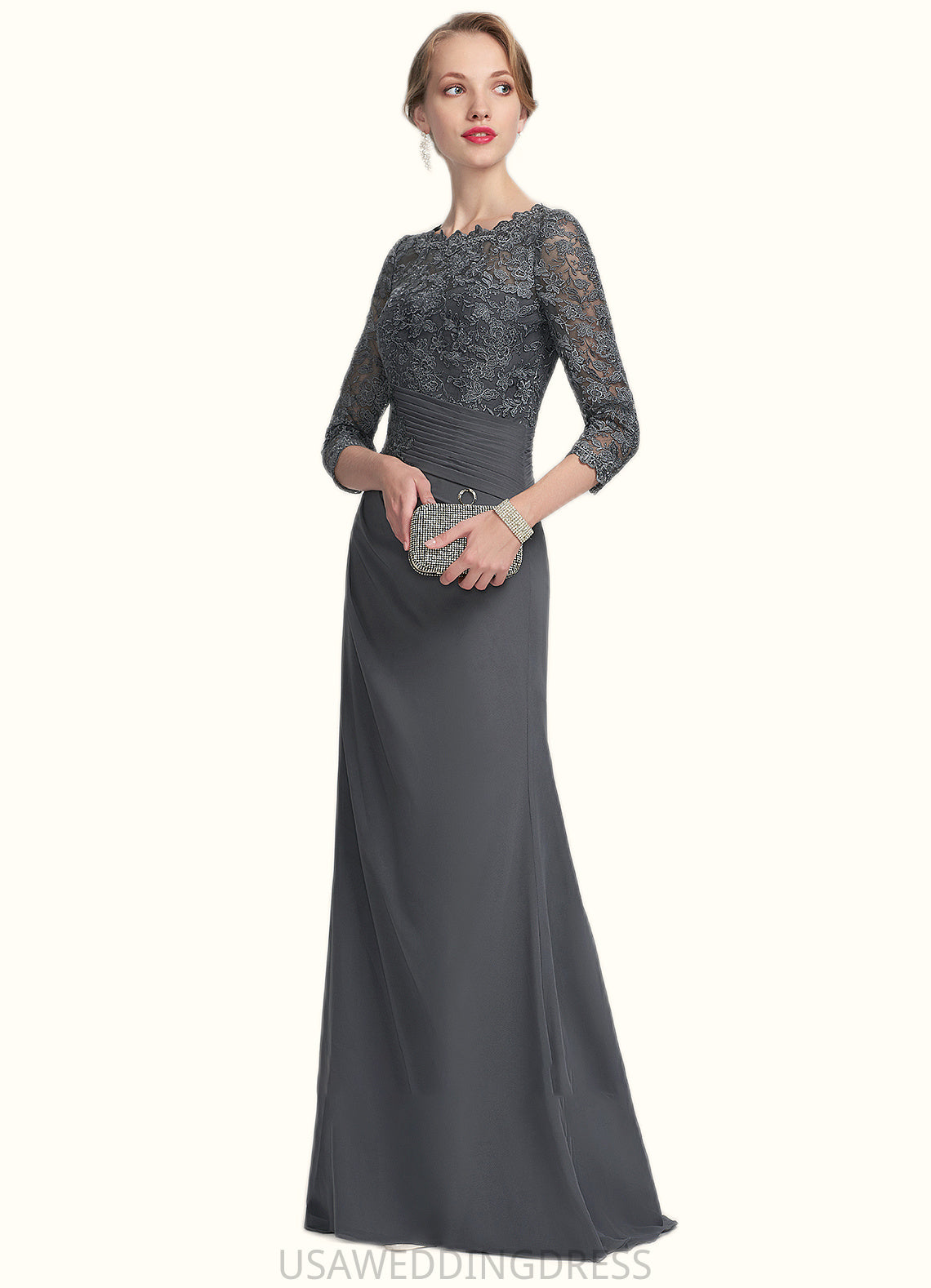 Nevaeh Sheath/Column Scoop Neck Floor-Length Chiffon Lace Mother of the Bride Dress With Ruffle DS126P0014611