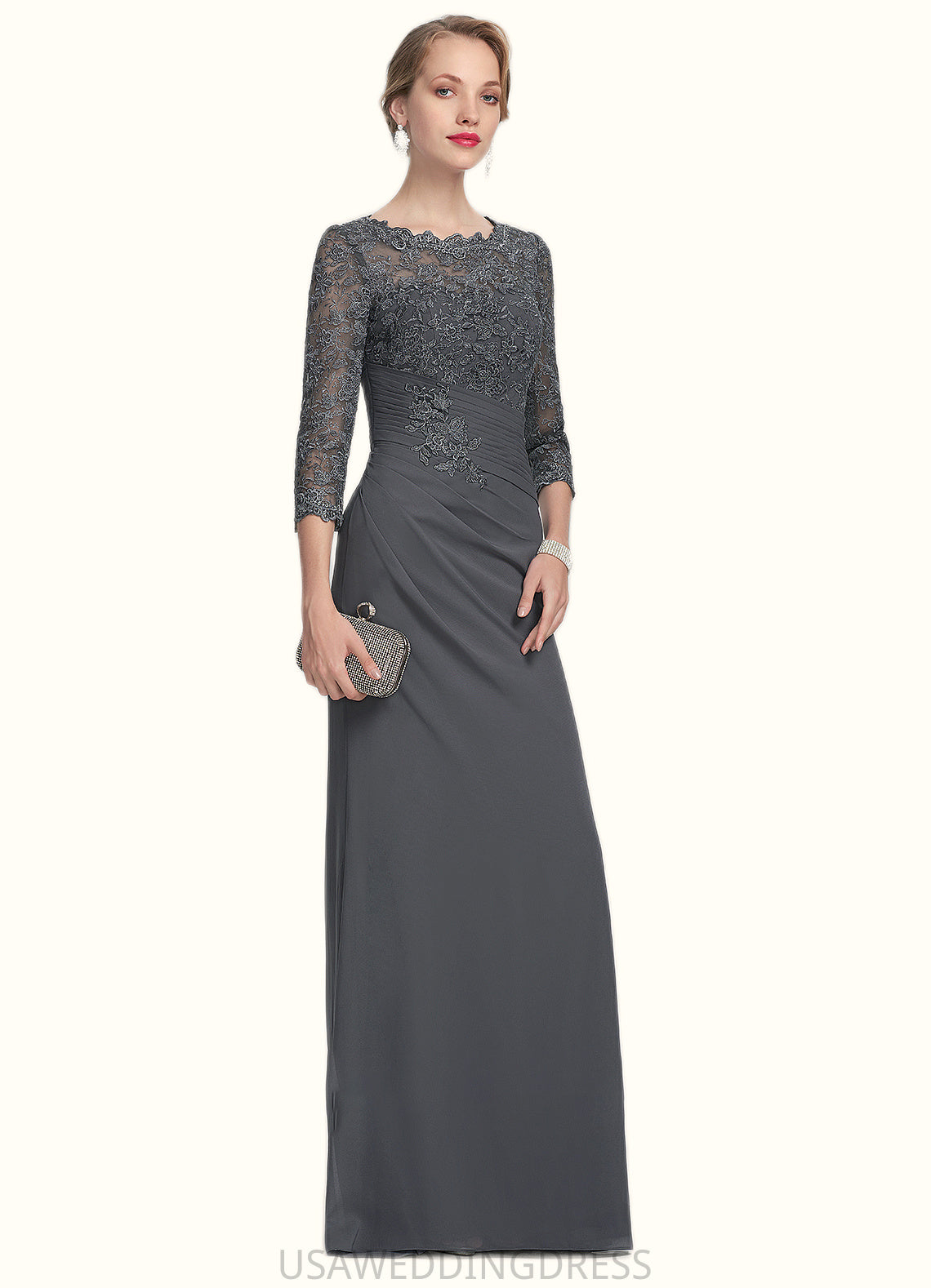 Nevaeh Sheath/Column Scoop Neck Floor-Length Chiffon Lace Mother of the Bride Dress With Ruffle DS126P0014611