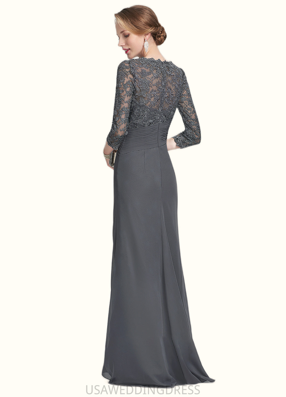 Nevaeh Sheath/Column Scoop Neck Floor-Length Chiffon Lace Mother of the Bride Dress With Ruffle DS126P0014611