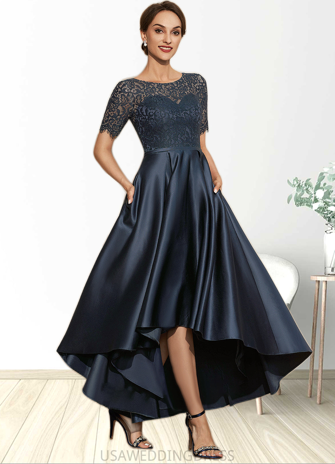 Jasmine A-Line Scoop Neck Asymmetrical Satin Lace Mother of the Bride Dress With Pockets DS126P0014613