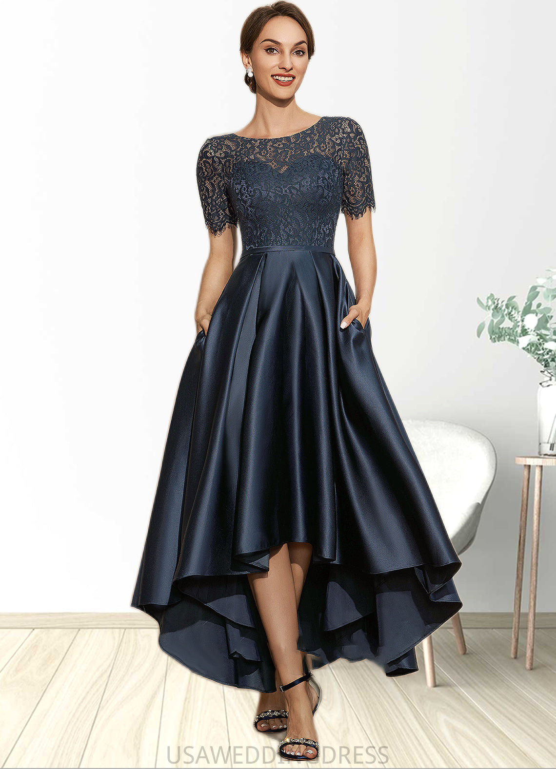 Jasmine A-Line Scoop Neck Asymmetrical Satin Lace Mother of the Bride Dress With Pockets DS126P0014613